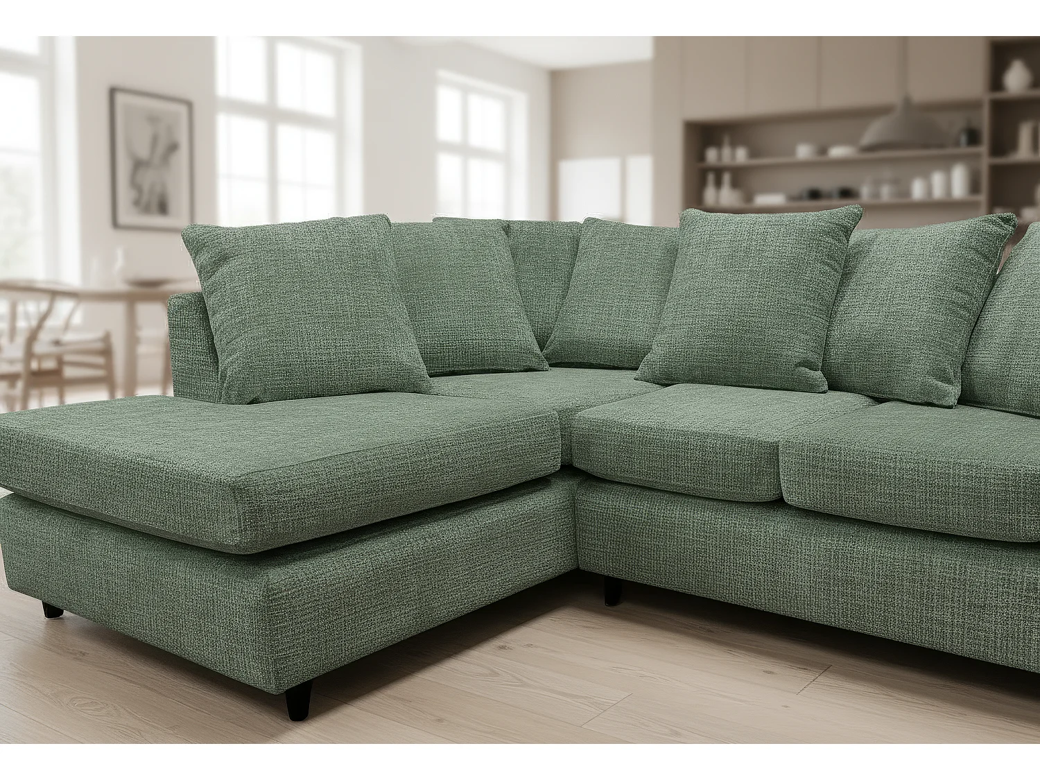 Jumbo Chenille Corner Sofa with Plush Chaise Extension Left Facing Rifle Green
