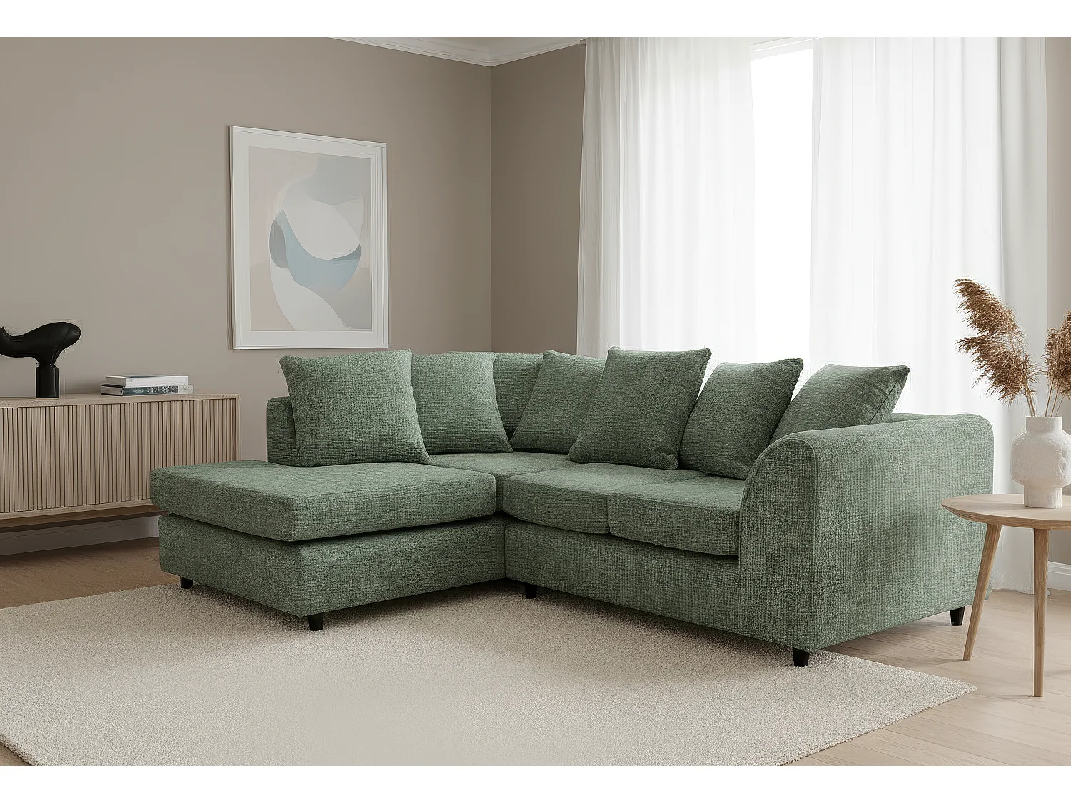 Jumbo Chenille Corner Sofa with Plush Chaise Extension Left Facing Rifle Green