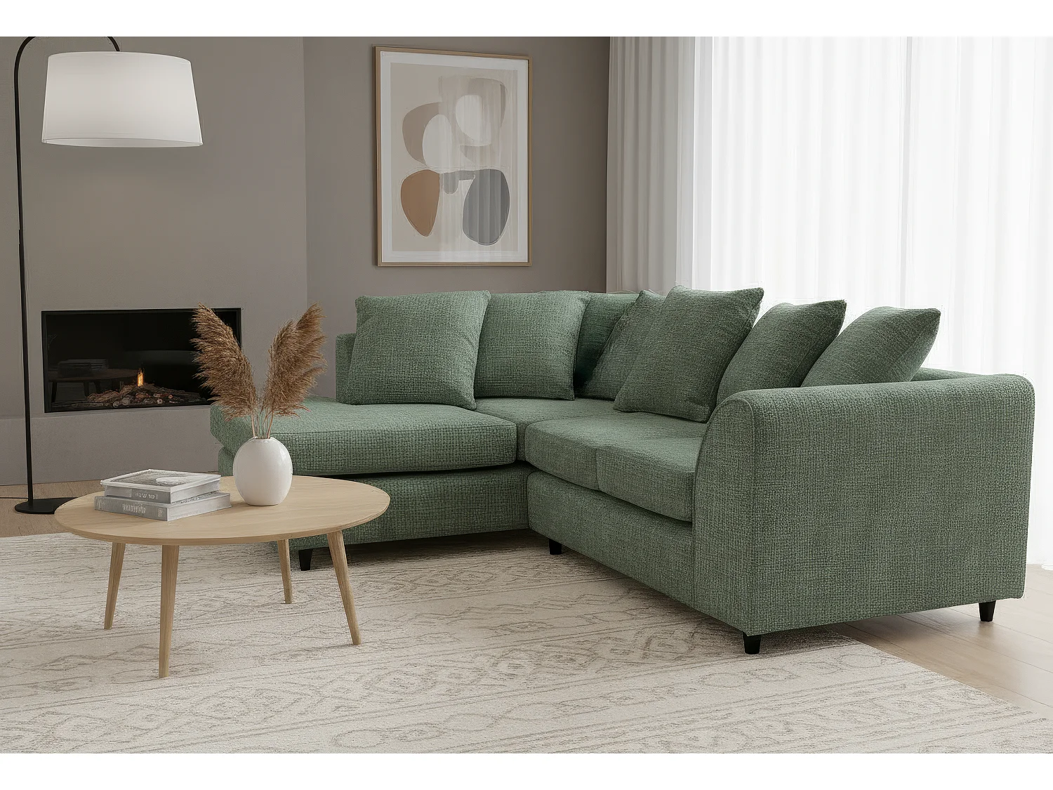 Jumbo Chenille Corner Sofa with Plush Chaise Extension Left Facing Rifle Green