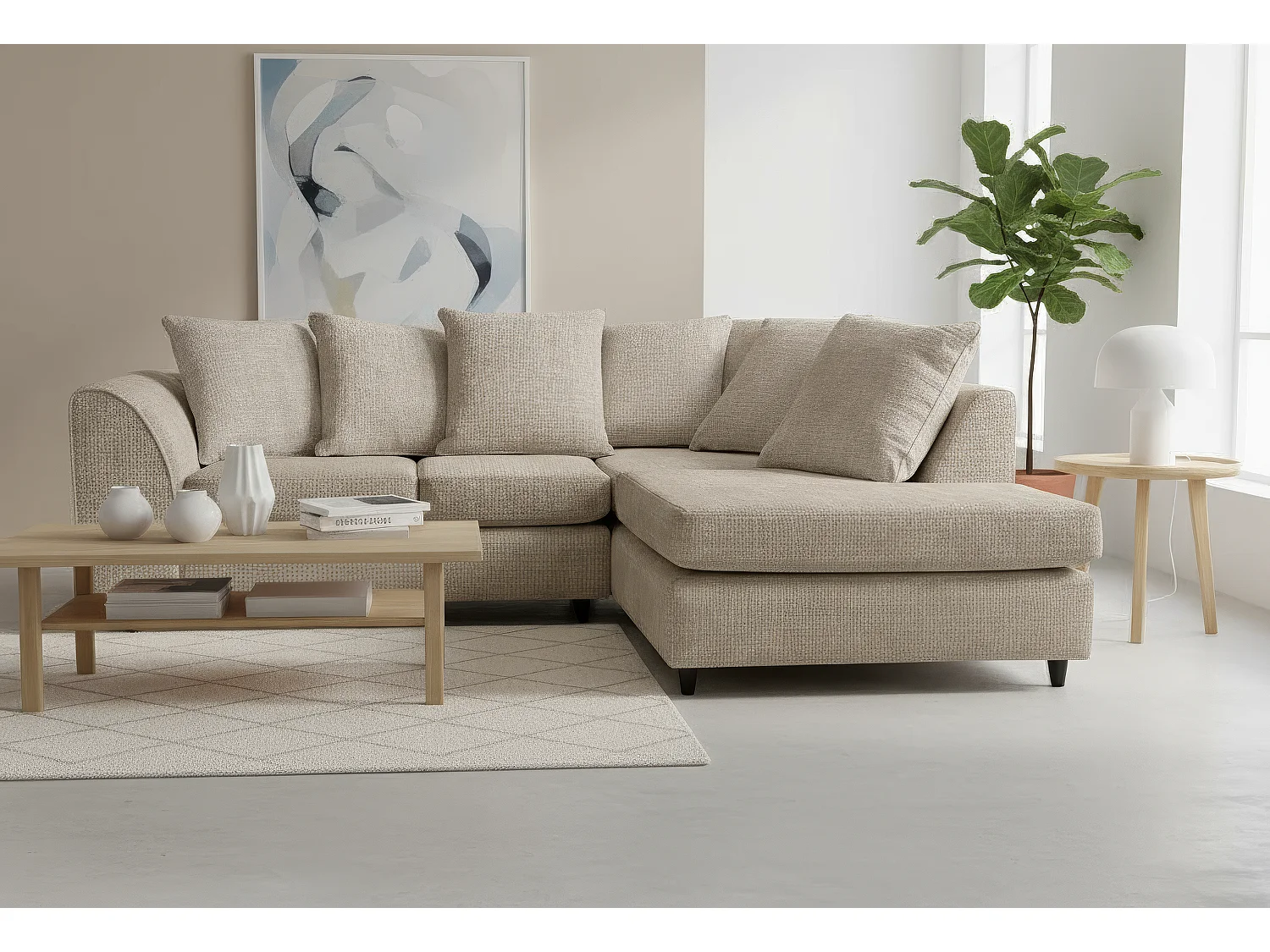 Jumbo Chenille Corner Sofa with Plush Chaise Extension Right Facing Taupe
