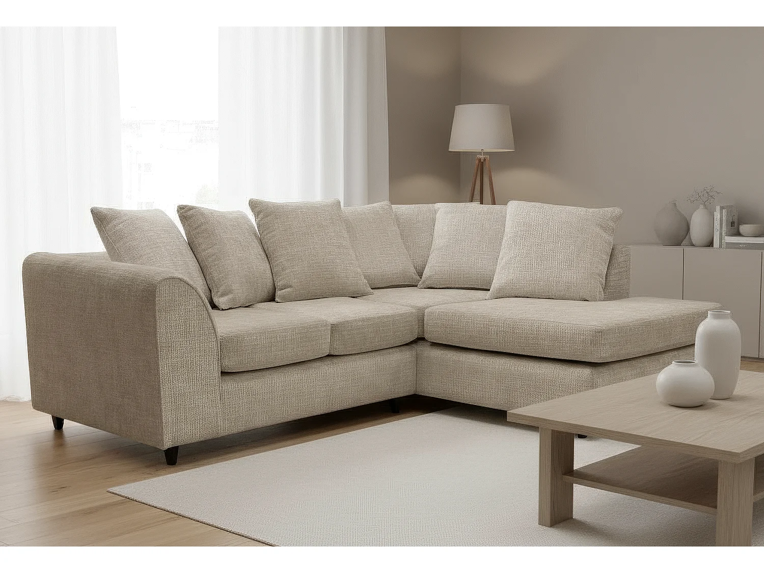 Jumbo Chenille Corner Sofa with Plush Chaise Extension Right Facing Taupe