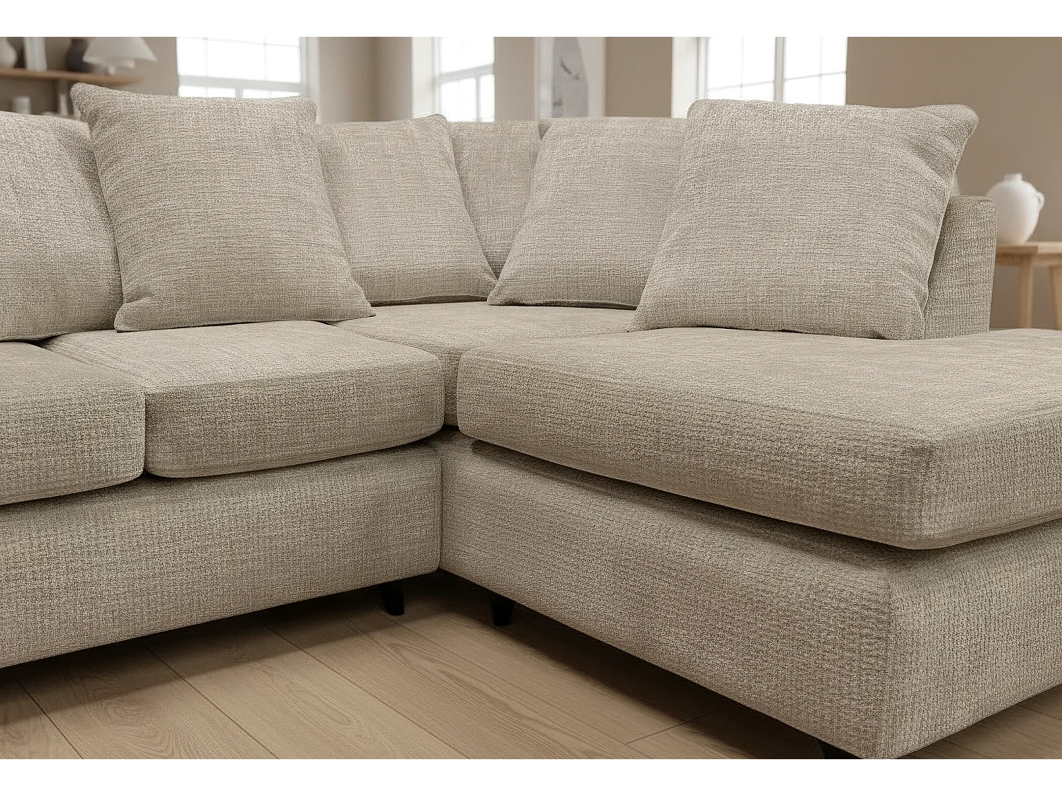 Jumbo Chenille Corner Sofa with Plush Chaise Extension Right Facing Taupe