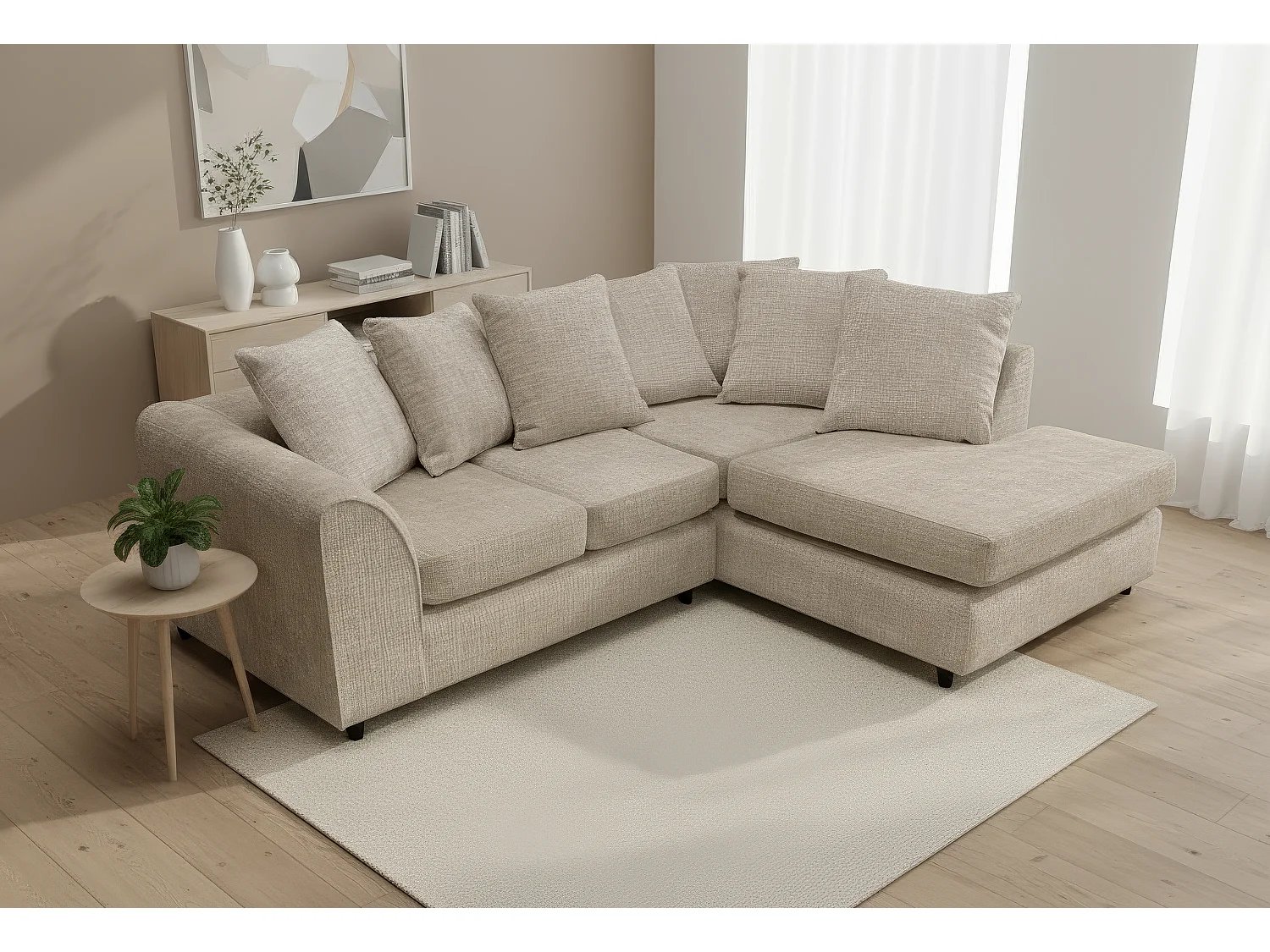 Jumbo Chenille Corner Sofa with Plush Chaise Extension Right Facing Taupe