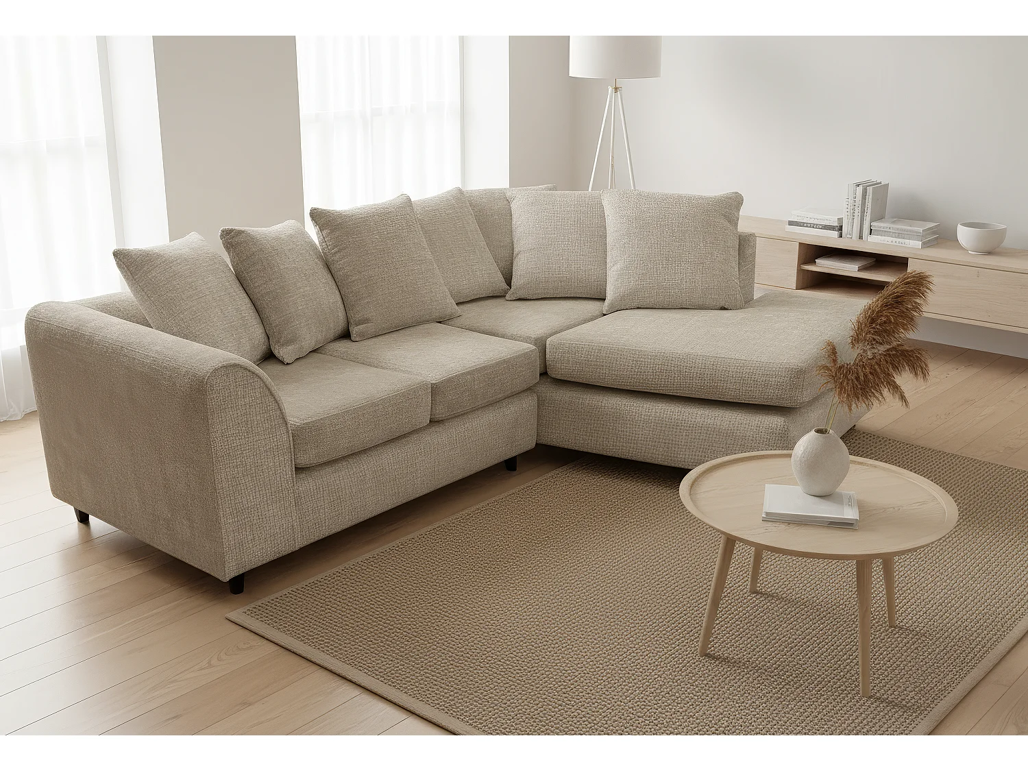 Jumbo Chenille Corner Sofa with Plush Chaise Extension Right Facing Taupe