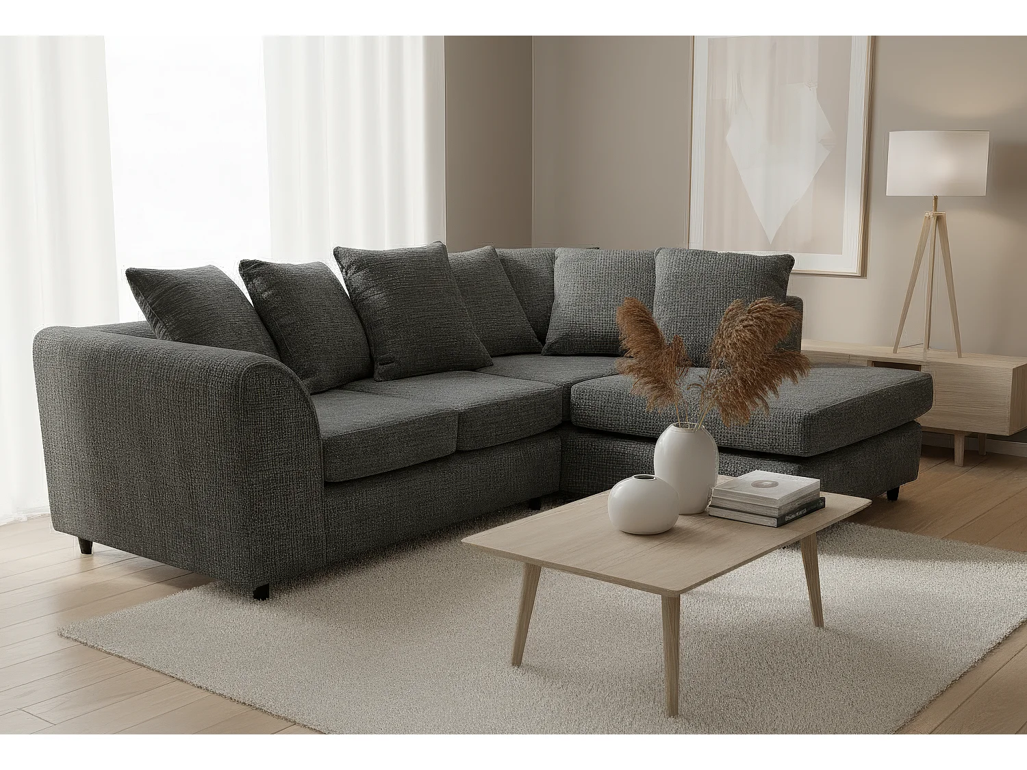 Jumbo Chenille Corner Sofa with Plush Chaise Extension Right Facing Black