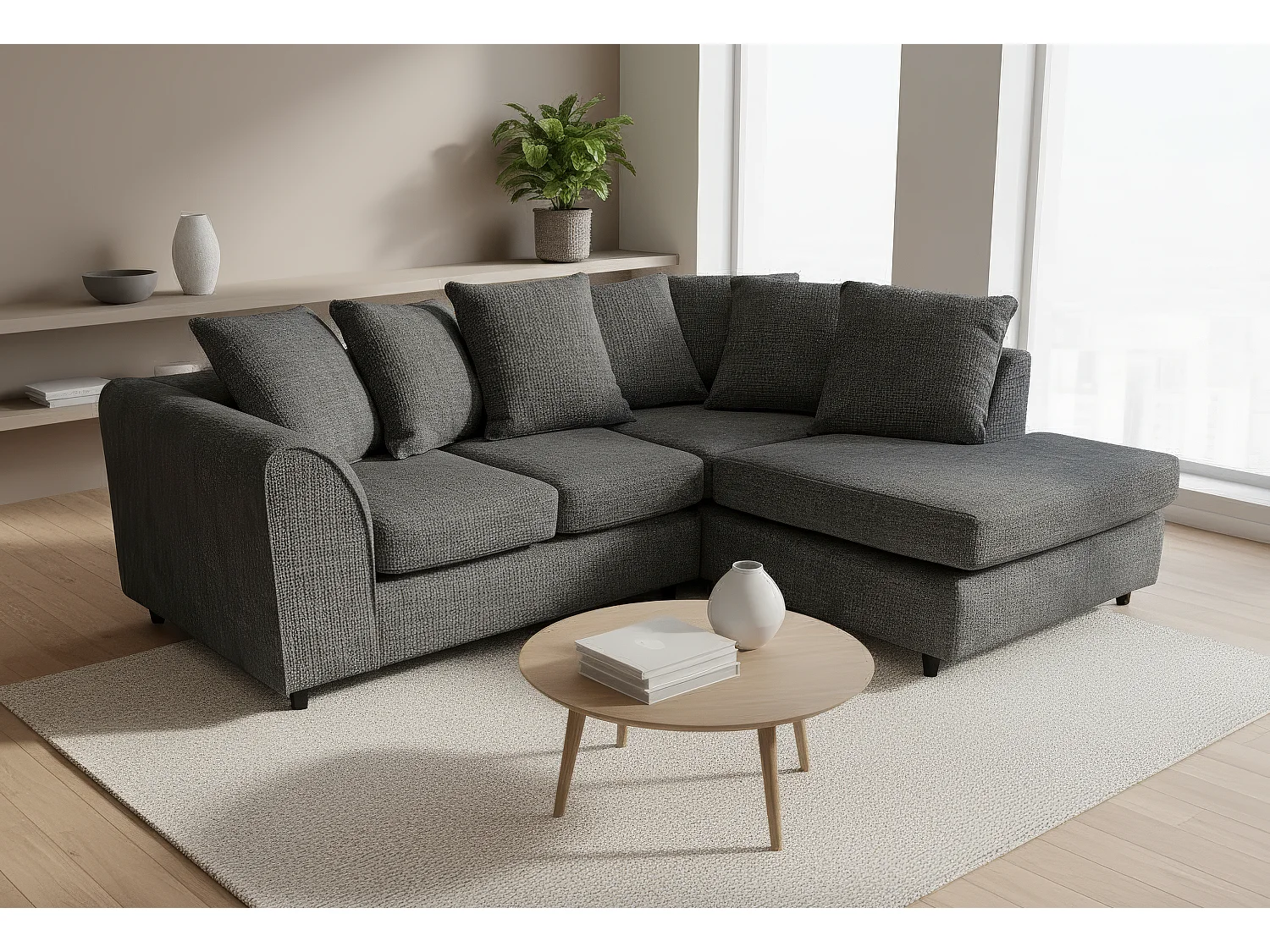 Jumbo Chenille Corner Sofa with Plush Chaise Extension Right Facing Black
