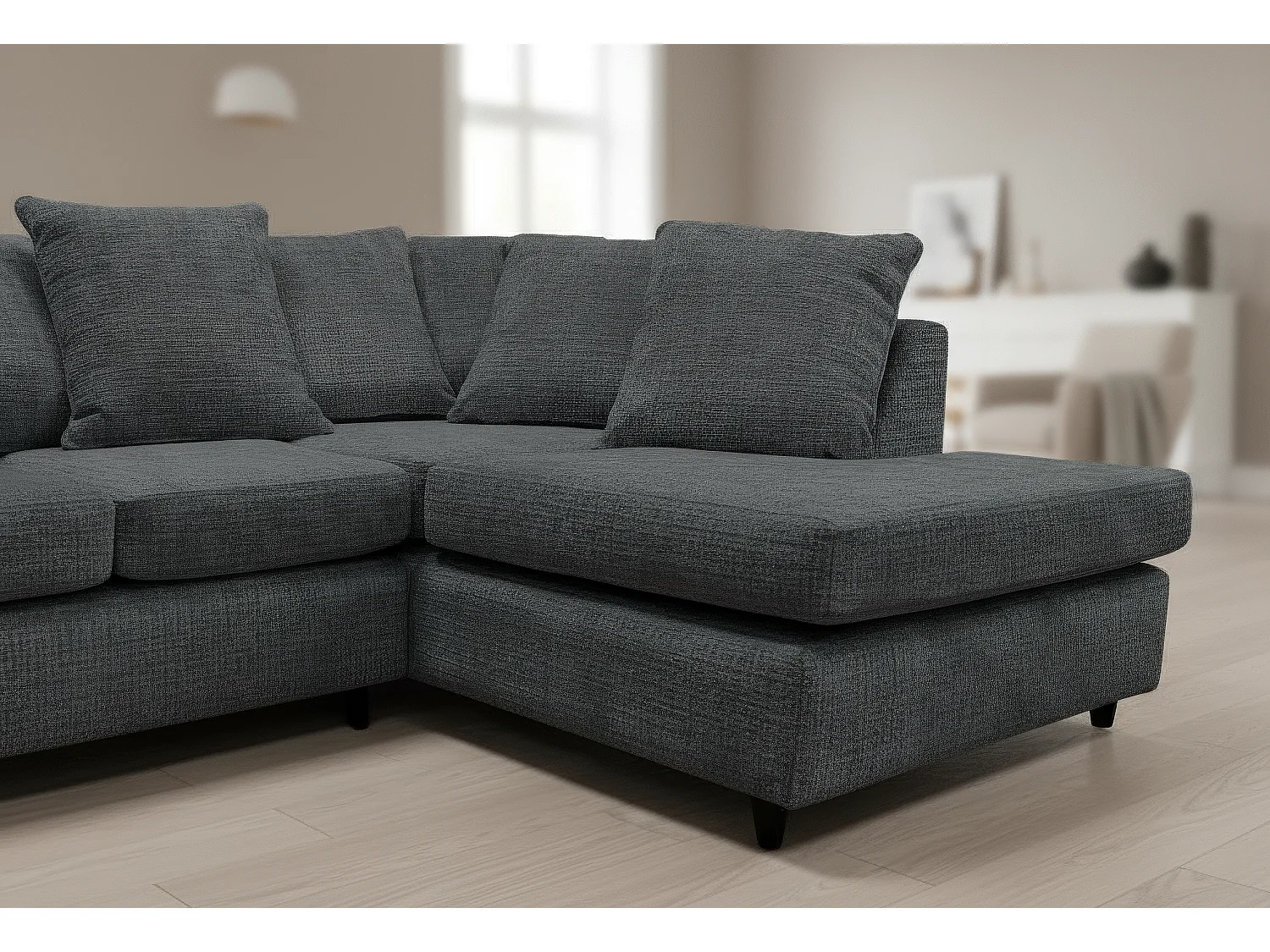 Jumbo Chenille Corner Sofa with Plush Chaise Extension Right Facing Black