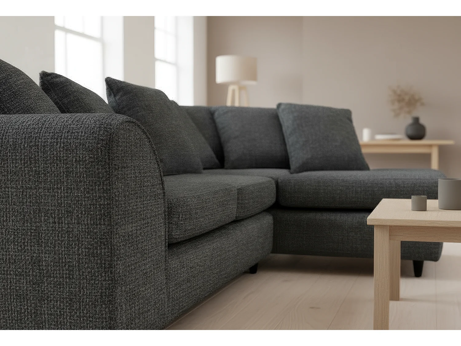 Jumbo Chenille Corner Sofa with Plush Chaise Extension Right Facing Black