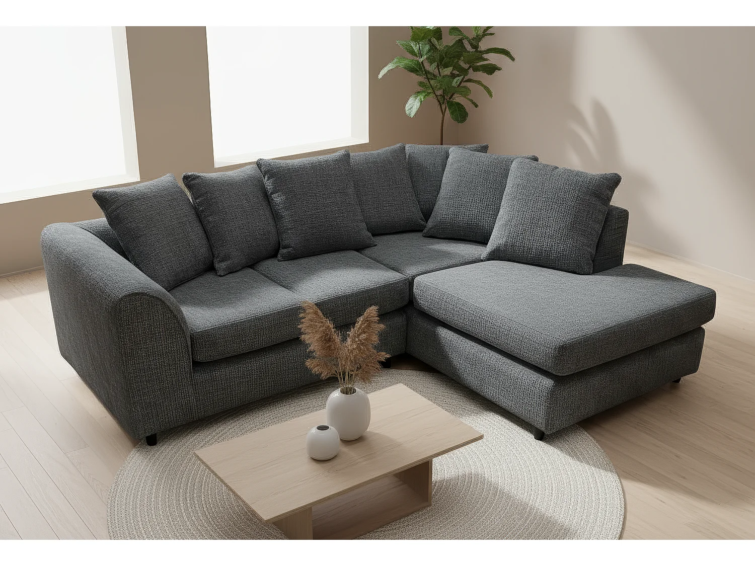 Jumbo Chenille Corner Sofa with Plush Chaise Extension Right Facing Black