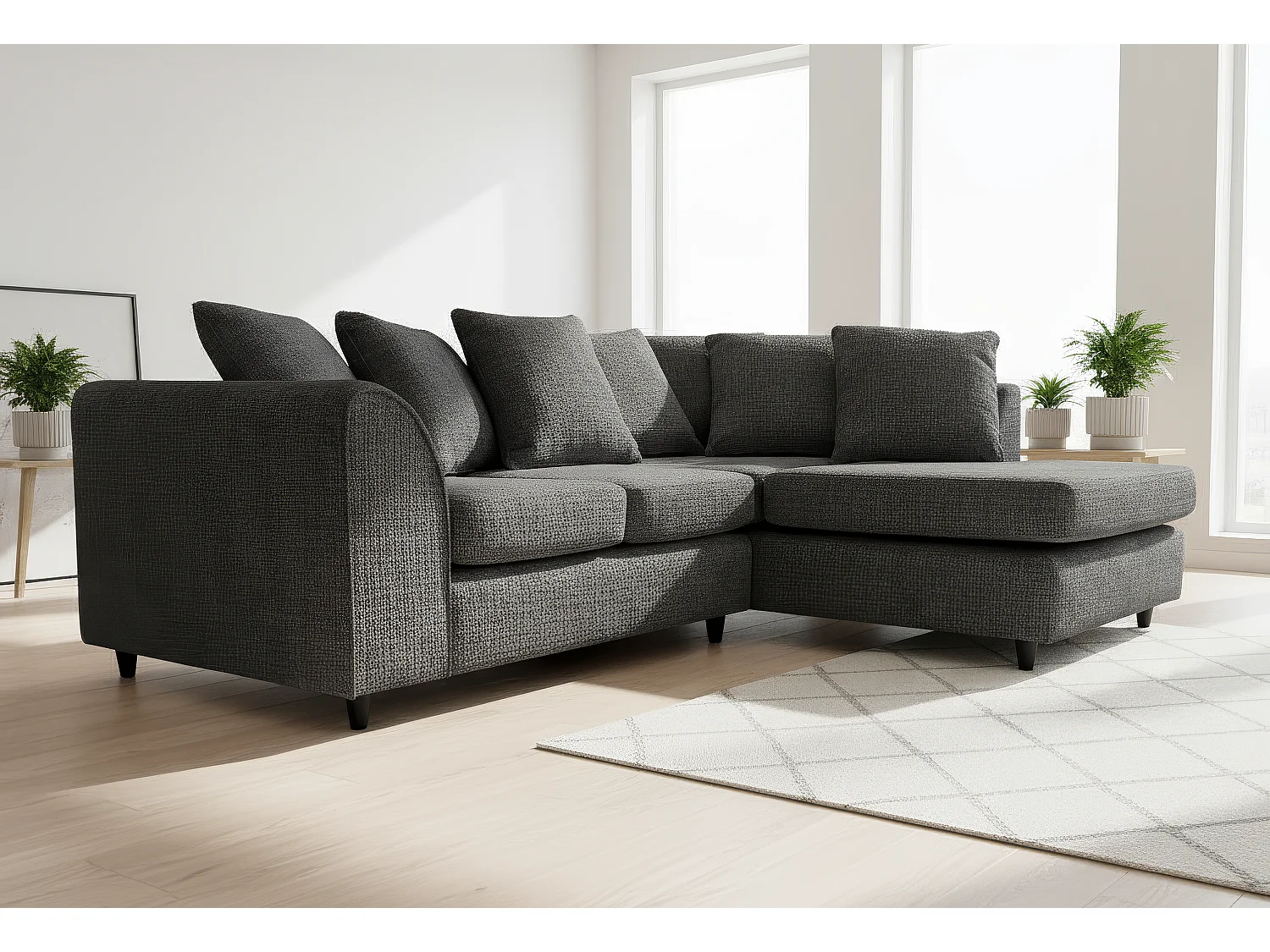 Jumbo Chenille Corner Sofa with Plush Chaise Extension Right Facing Black