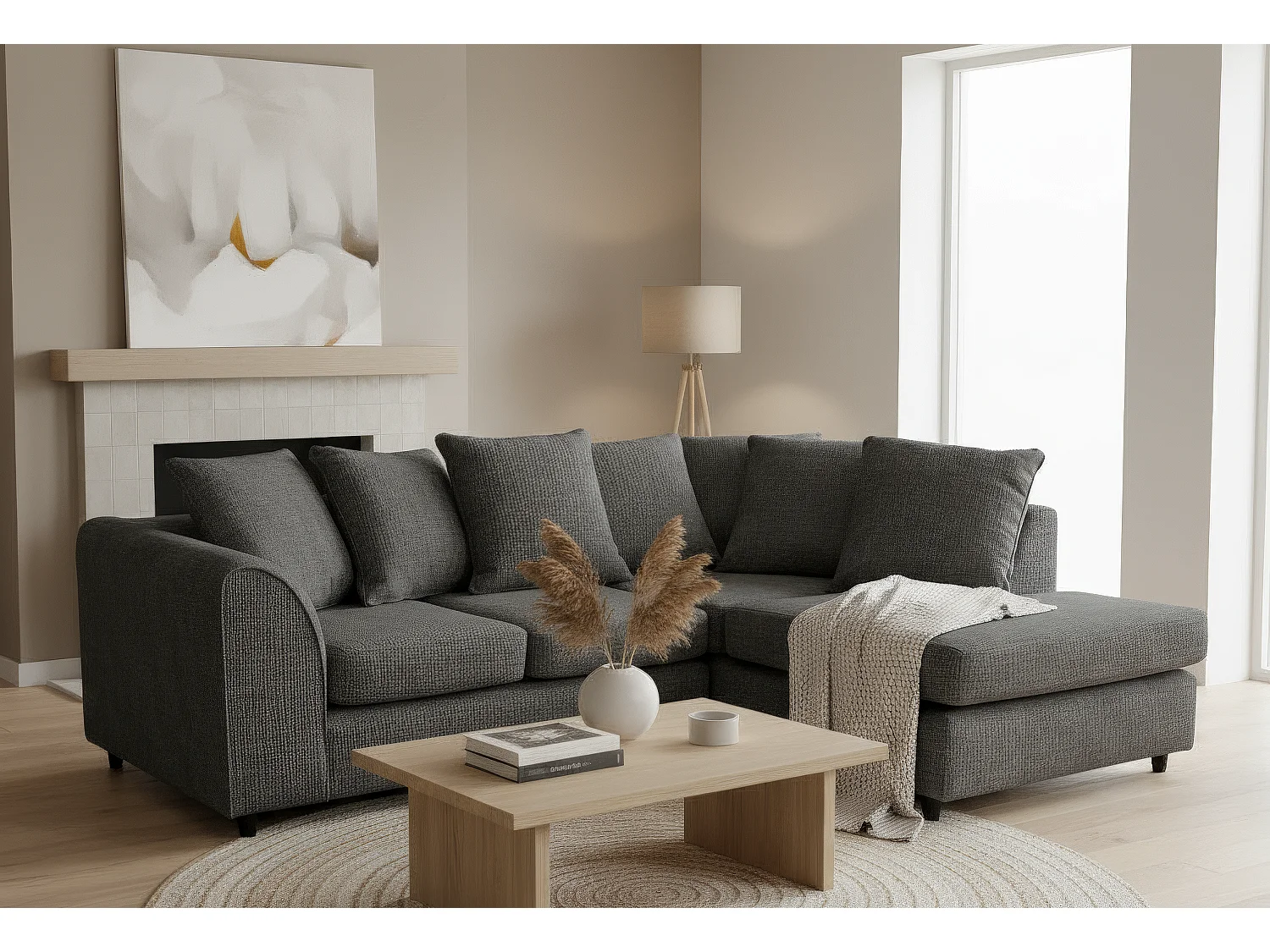 Jumbo Chenille Corner Sofa with Plush Chaise Extension Right Facing Black