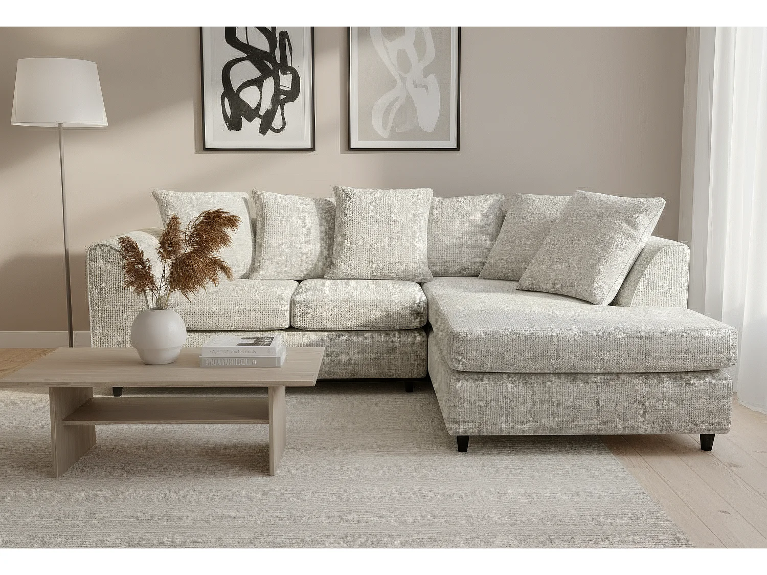 Jumbo Chenille Corner Sofa with Plush Chaise Extension Right Facing White