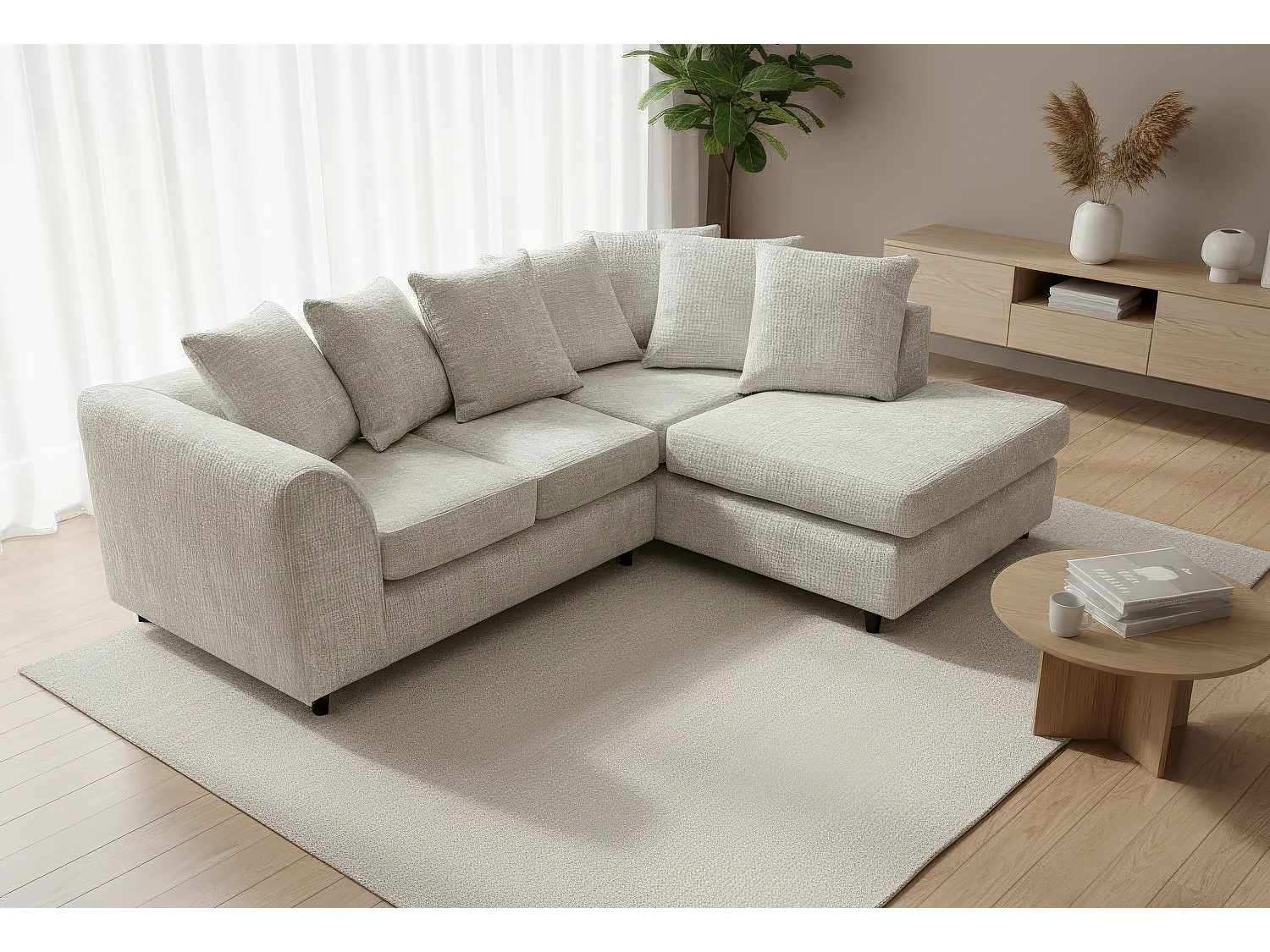 Jumbo Chenille Corner Sofa with Plush Chaise Extension Right Facing White