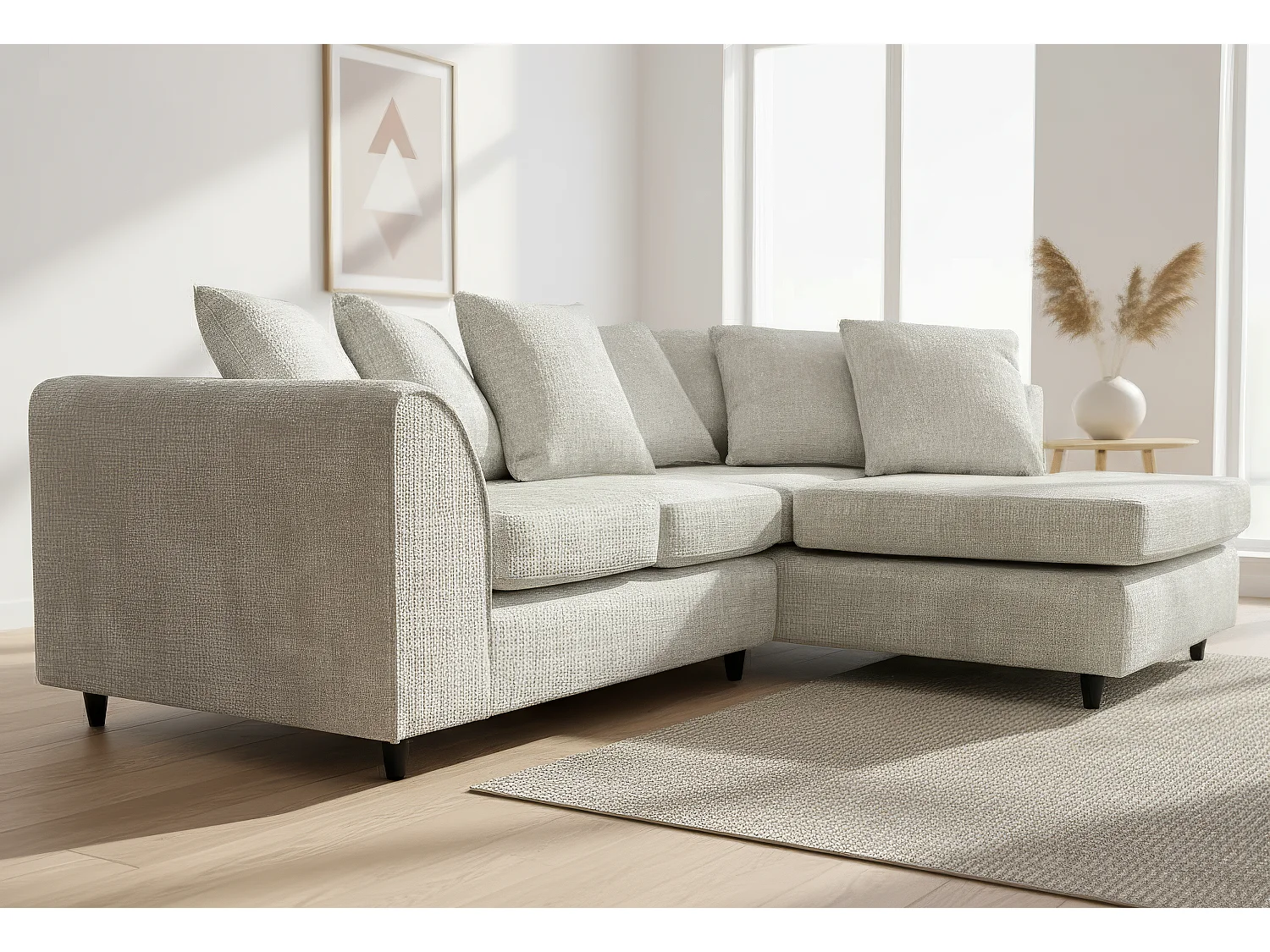 Jumbo Chenille Corner Sofa with Plush Chaise Extension Right Facing White