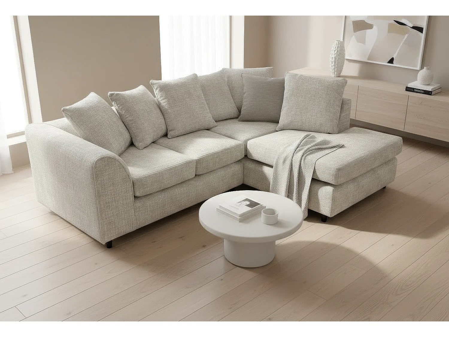 Jumbo Chenille Corner Sofa with Plush Chaise Extension Right Facing White