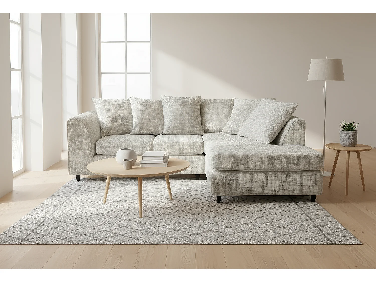 Jumbo Chenille Corner Sofa with Plush Chaise Extension Right Facing White