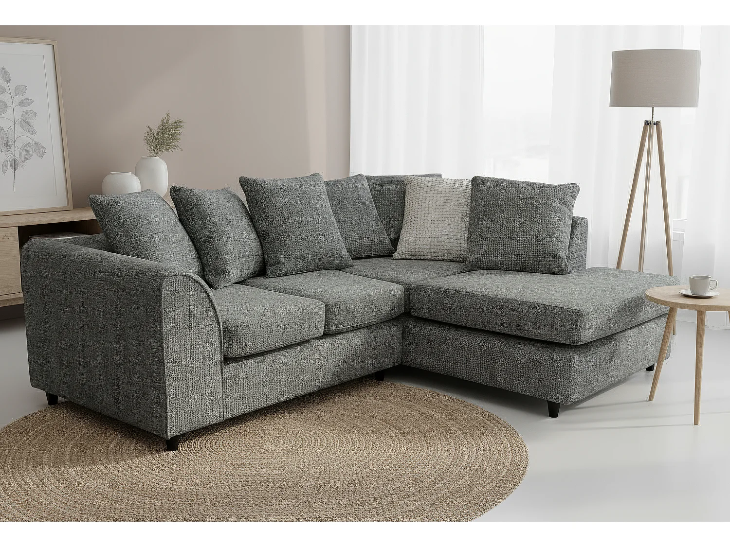 Jumbo Chenille Corner Sofa with Plush Chaise Extension Right Facing Charcoal