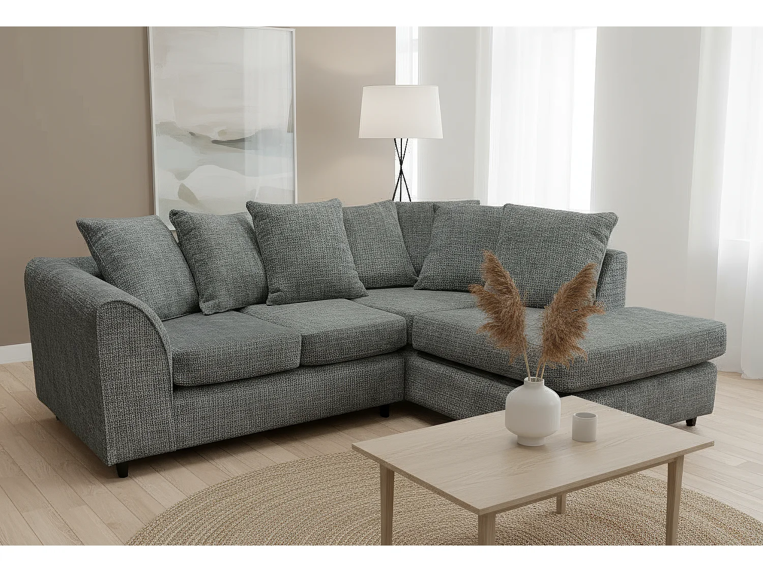 Jumbo Chenille Corner Sofa with Plush Chaise Extension Right Facing Charcoal