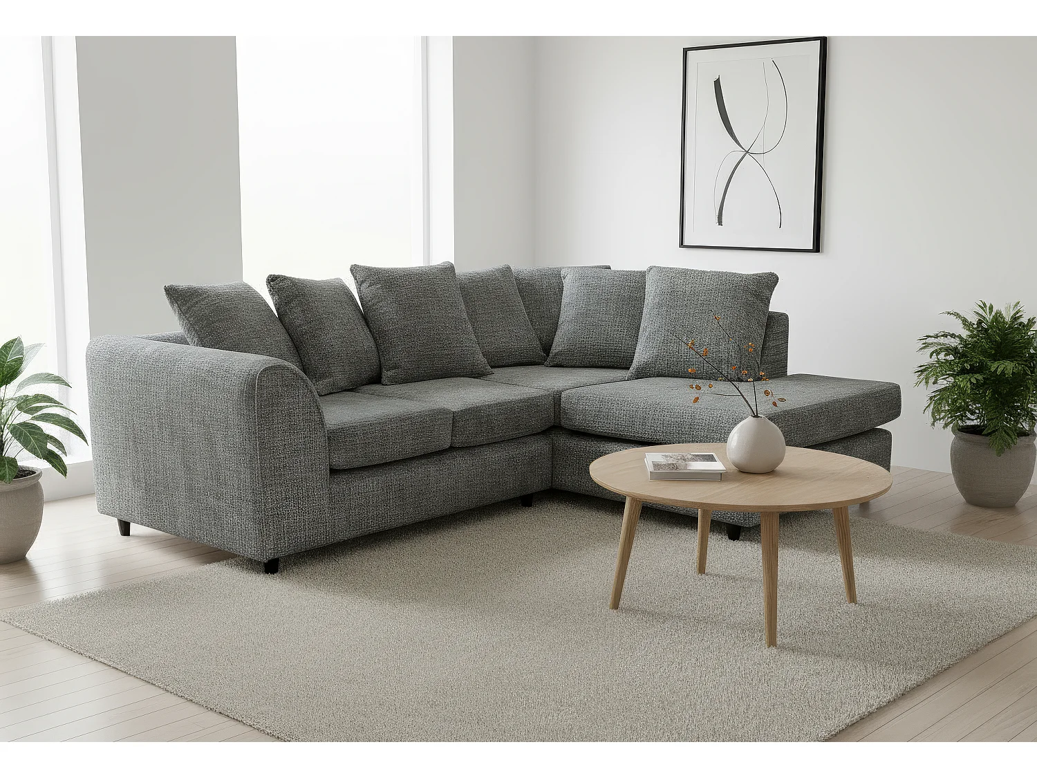 Jumbo Chenille Corner Sofa with Plush Chaise Extension Right Facing Charcoal