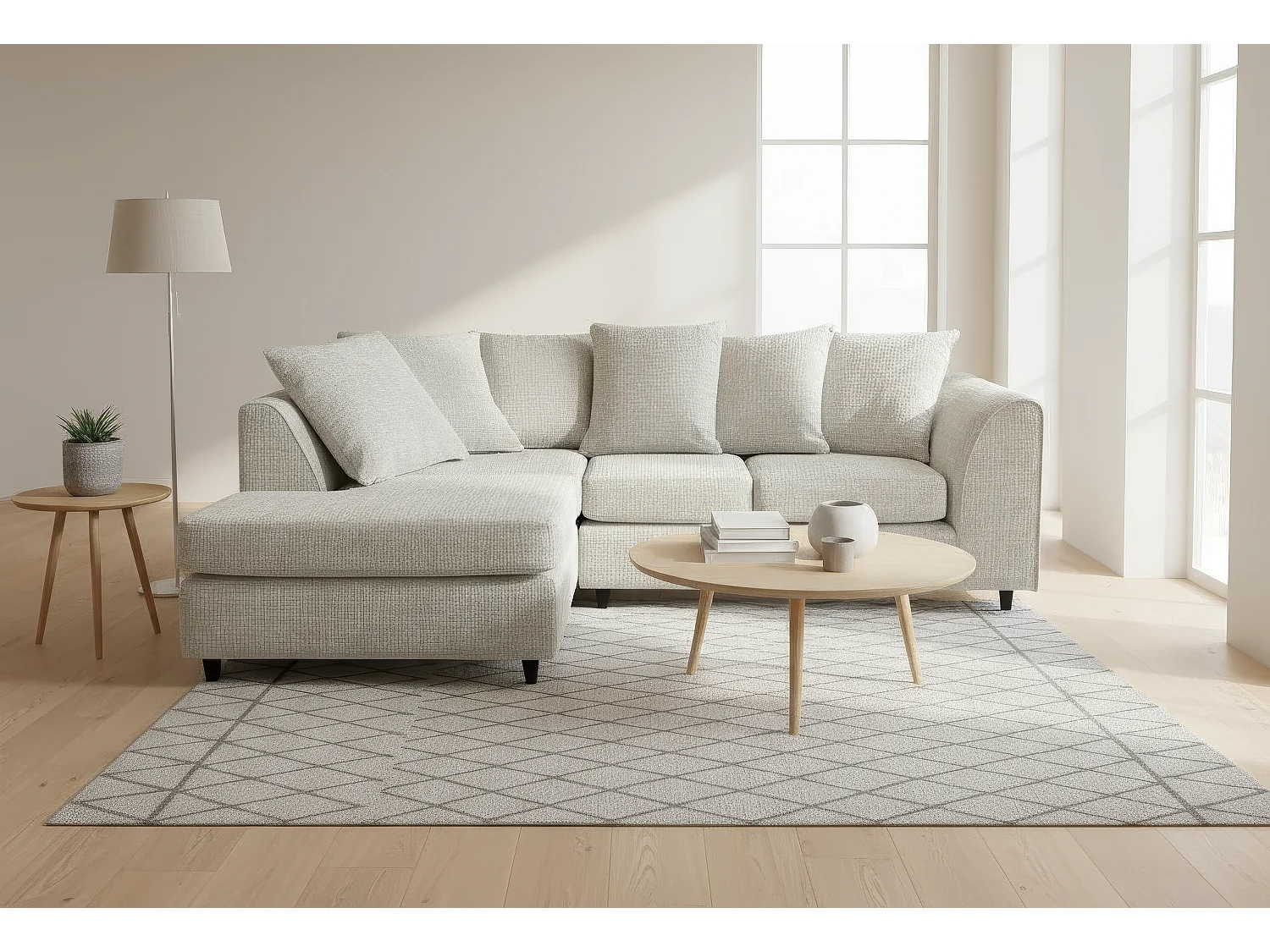 Jumbo Chenille Corner Sofa with Plush Chaise Extension Left Facing White