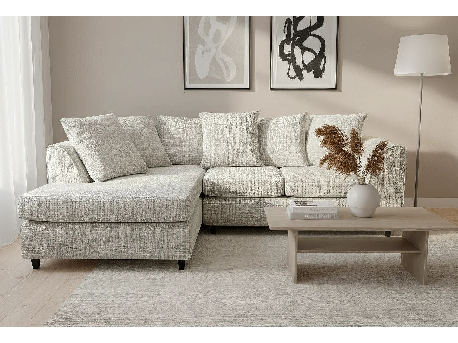 Jumbo Chenille Corner Sofa with Plush Chaise Extension Left Facing White