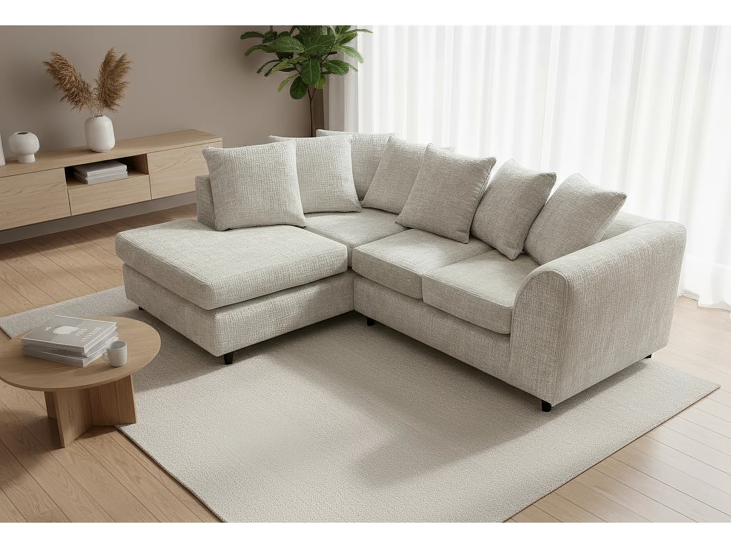Jumbo Chenille Corner Sofa with Plush Chaise Extension Left Facing White