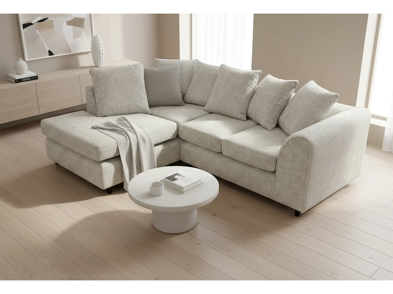 Jumbo Chenille Corner Sofa with Plush Chaise Extension Left Facing White