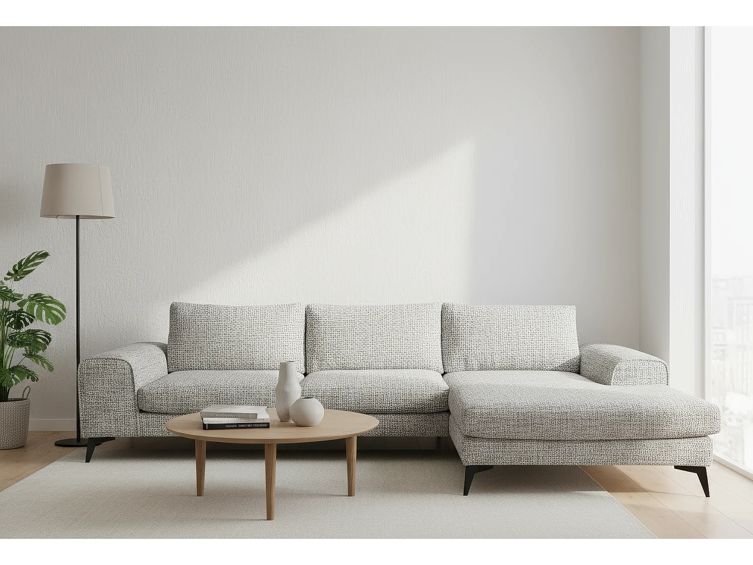 Venice Chenille Corner Sofa with Deep Seats and Extra-wide Padded Arms Right Facing Light Grey