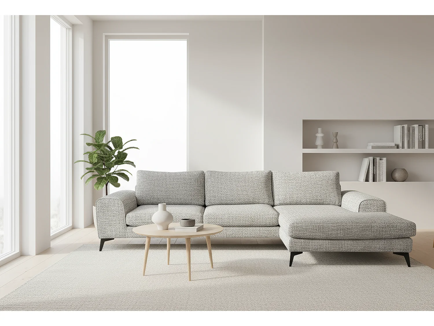 Venice Chenille Corner Sofa with Deep Seats and Extra-wide Padded Arms Right Facing Light Grey