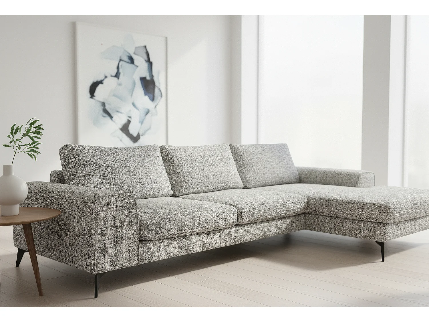 Venice Chenille Corner Sofa with Deep Seats and Extra-wide Padded Arms Right Facing Light Grey