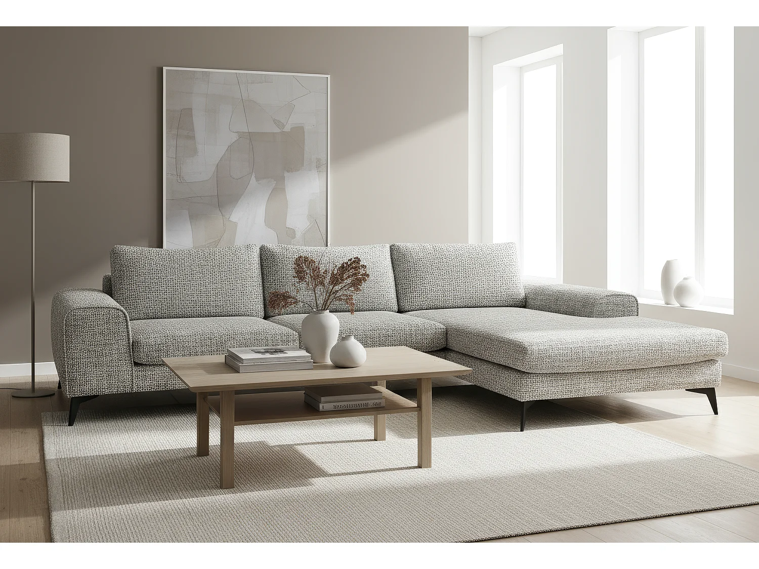 Venice Chenille Corner Sofa with Deep Seats and Extra-wide Padded Arms Right Facing Light Grey