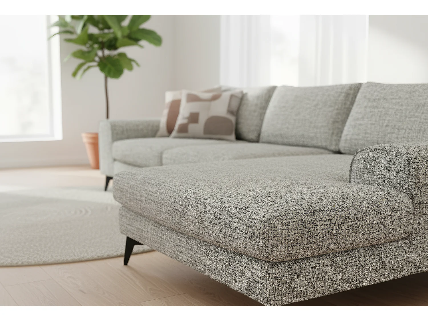 Venice Chenille Corner Sofa with Deep Seats and Extra-wide Padded Arms Right Facing Light Grey
