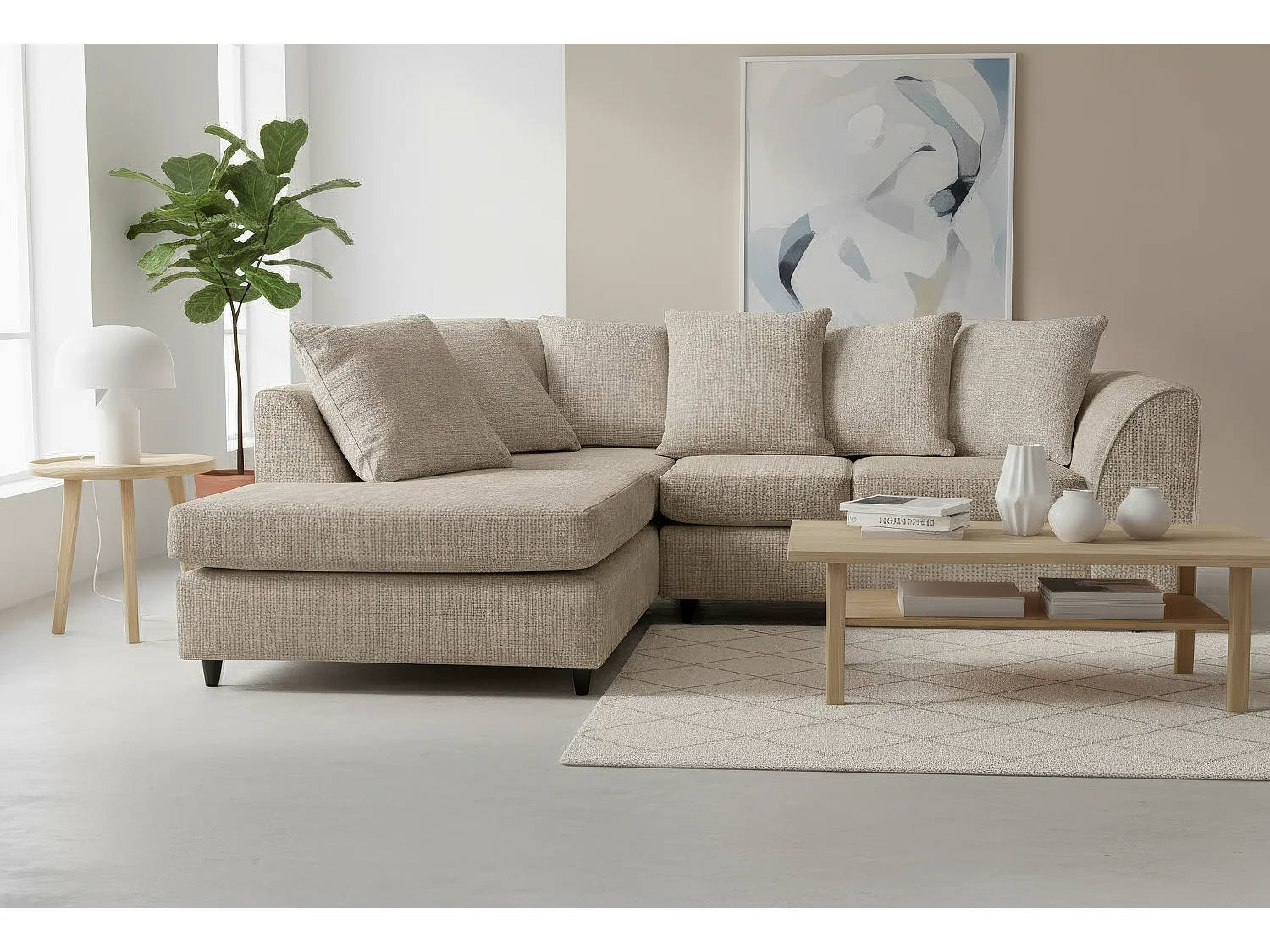 Jumbo Chenille Corner Sofa with Plush Chaise Extension Left Facing Taupe