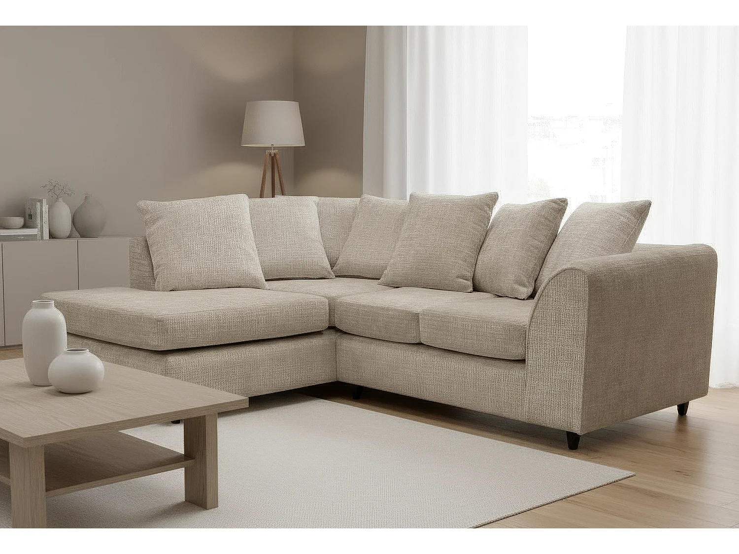 Jumbo Chenille Corner Sofa with Plush Chaise Extension Left Facing Taupe