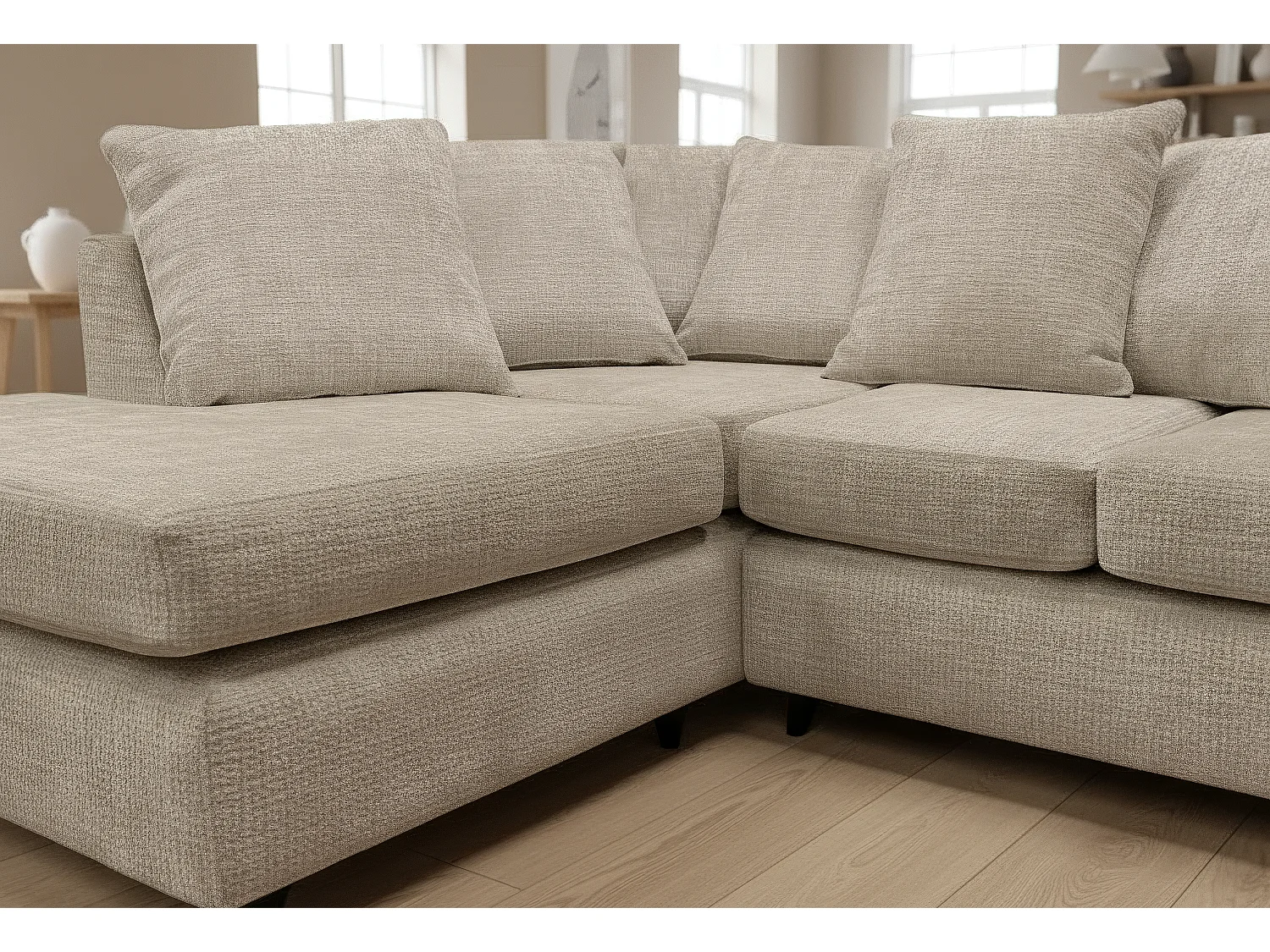 Jumbo Chenille Corner Sofa with Plush Chaise Extension Left Facing Taupe