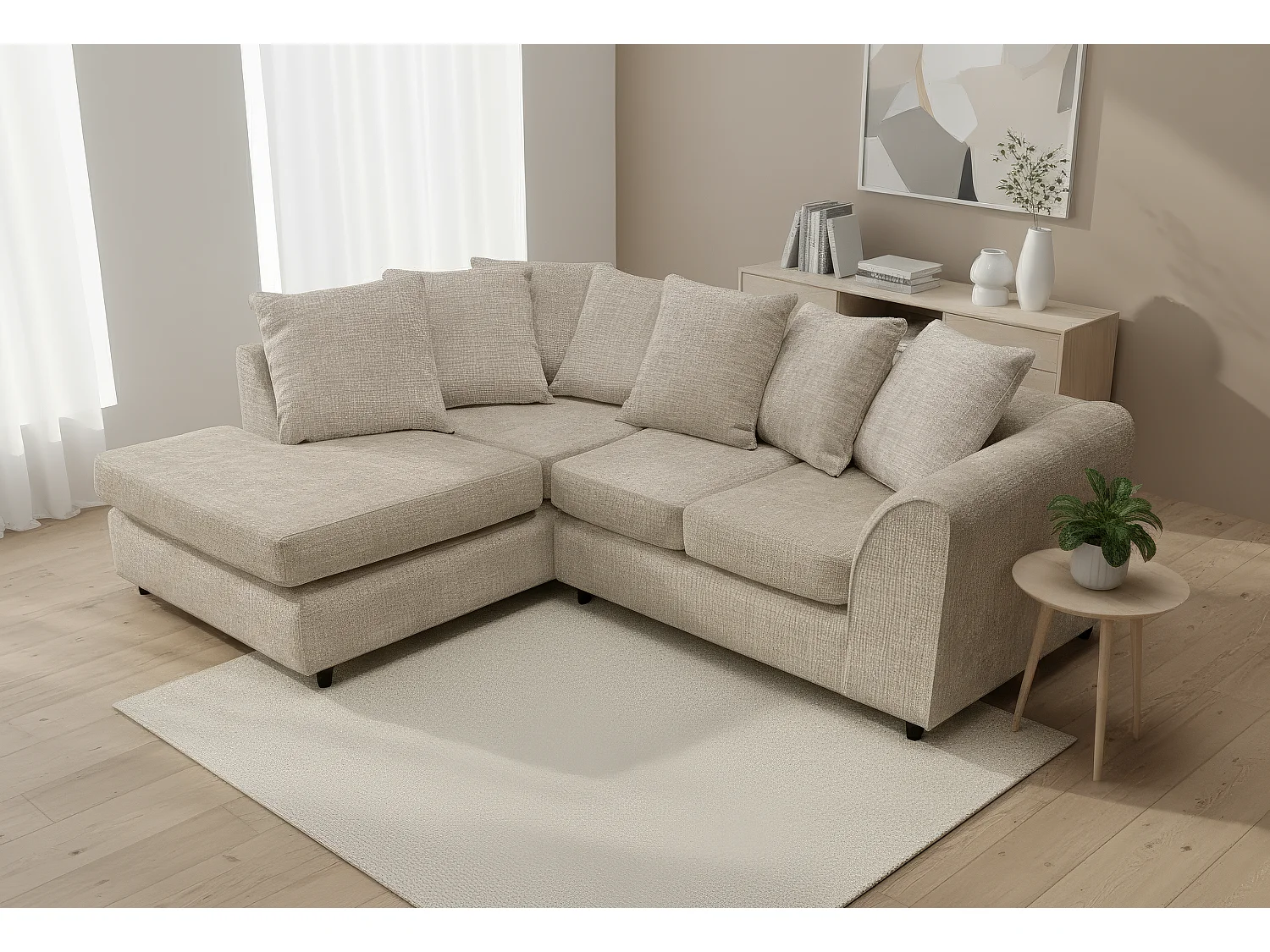 Jumbo Chenille Corner Sofa with Plush Chaise Extension Left Facing Taupe