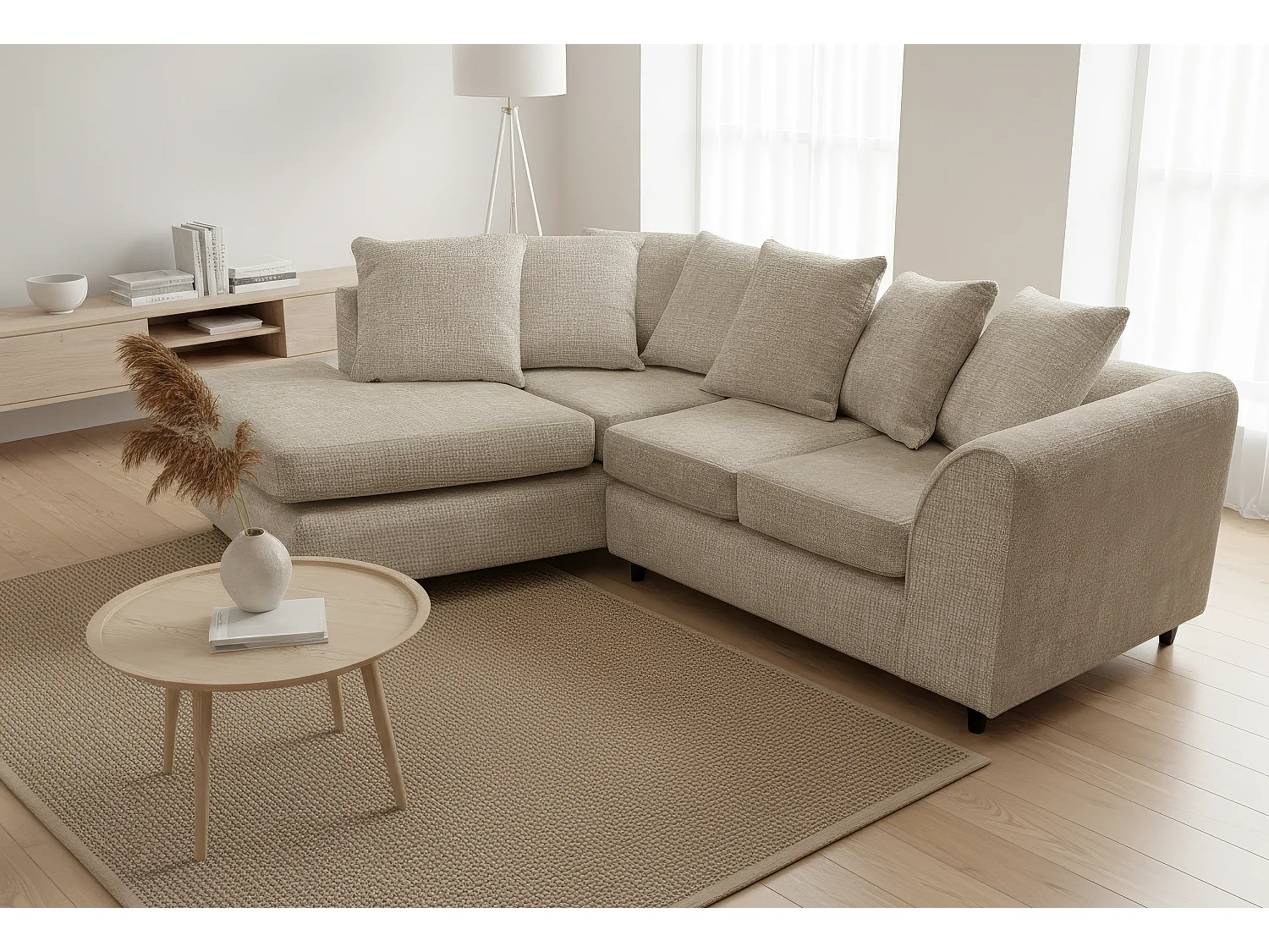 Jumbo Chenille Corner Sofa with Plush Chaise Extension Left Facing Taupe