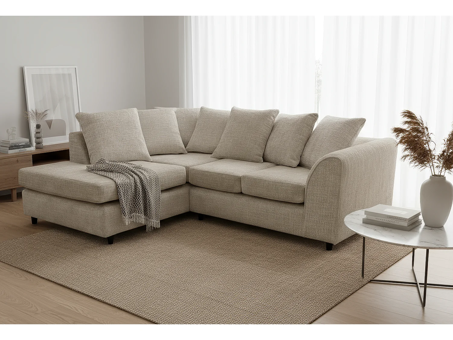 Jumbo Chenille Corner Sofa with Plush Chaise Extension Left Facing Taupe