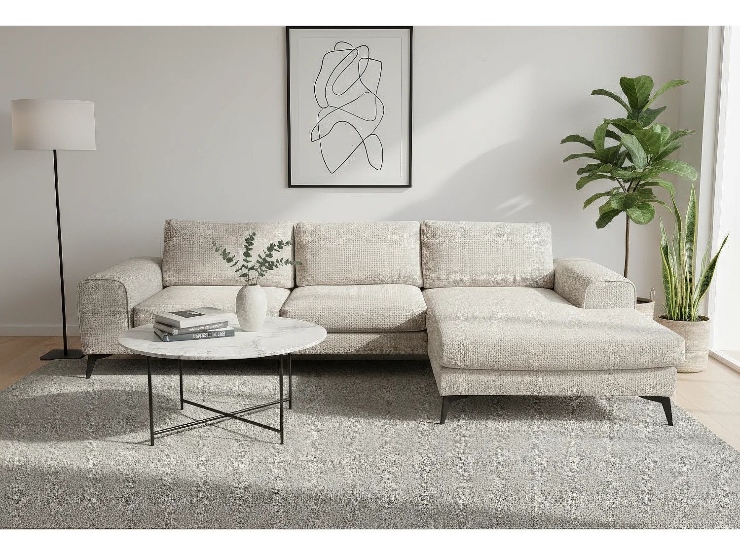 Venice Chenille Corner Sofa with Deep Seats and Extra-wide Padded Arms Right Facing Cream