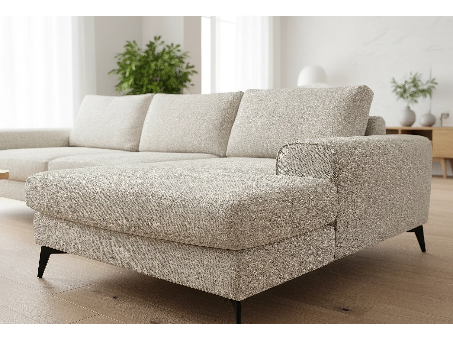 Venice Chenille Corner Sofa with Deep Seats and Extra-wide Padded Arms Right Facing Cream
