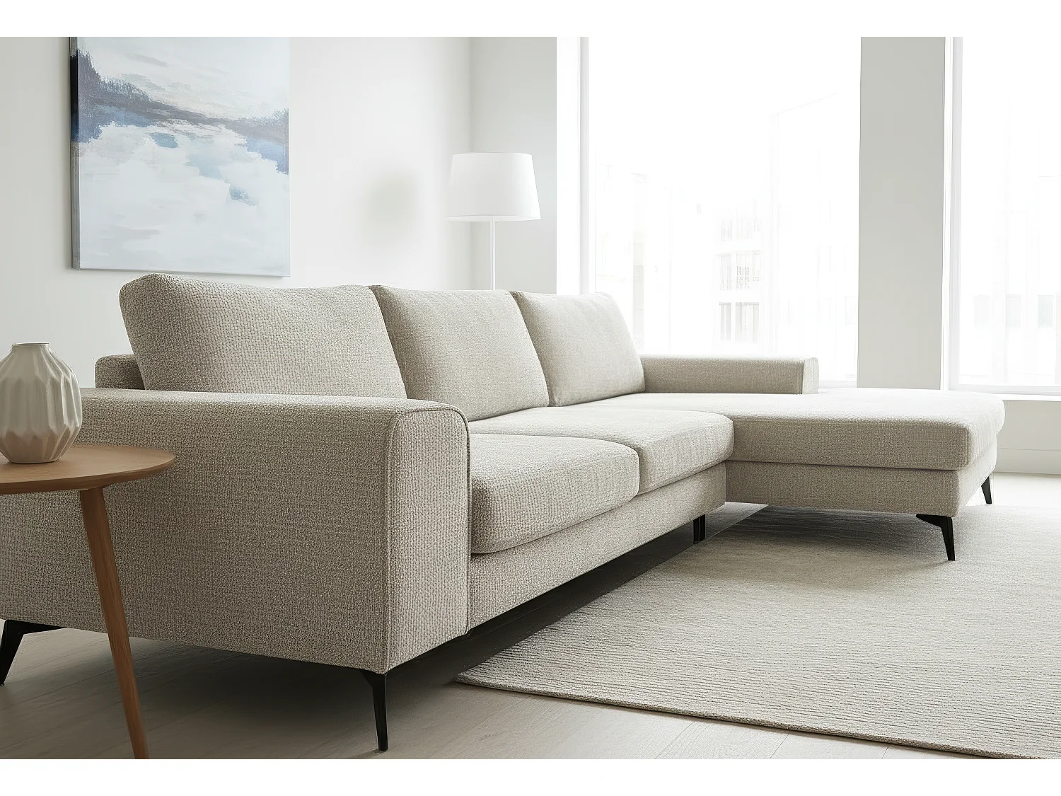 Venice Chenille Corner Sofa with Deep Seats and Extra-wide Padded Arms Right Facing Cream