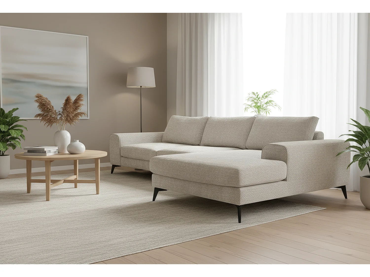 Venice Chenille Corner Sofa with Deep Seats and Extra-wide Padded Arms Right Facing Cream