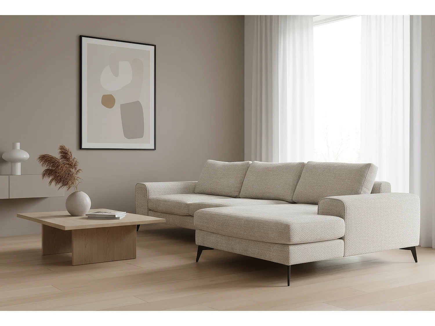 Venice Chenille Corner Sofa with Deep Seats and Extra-wide Padded Arms Right Facing Cream