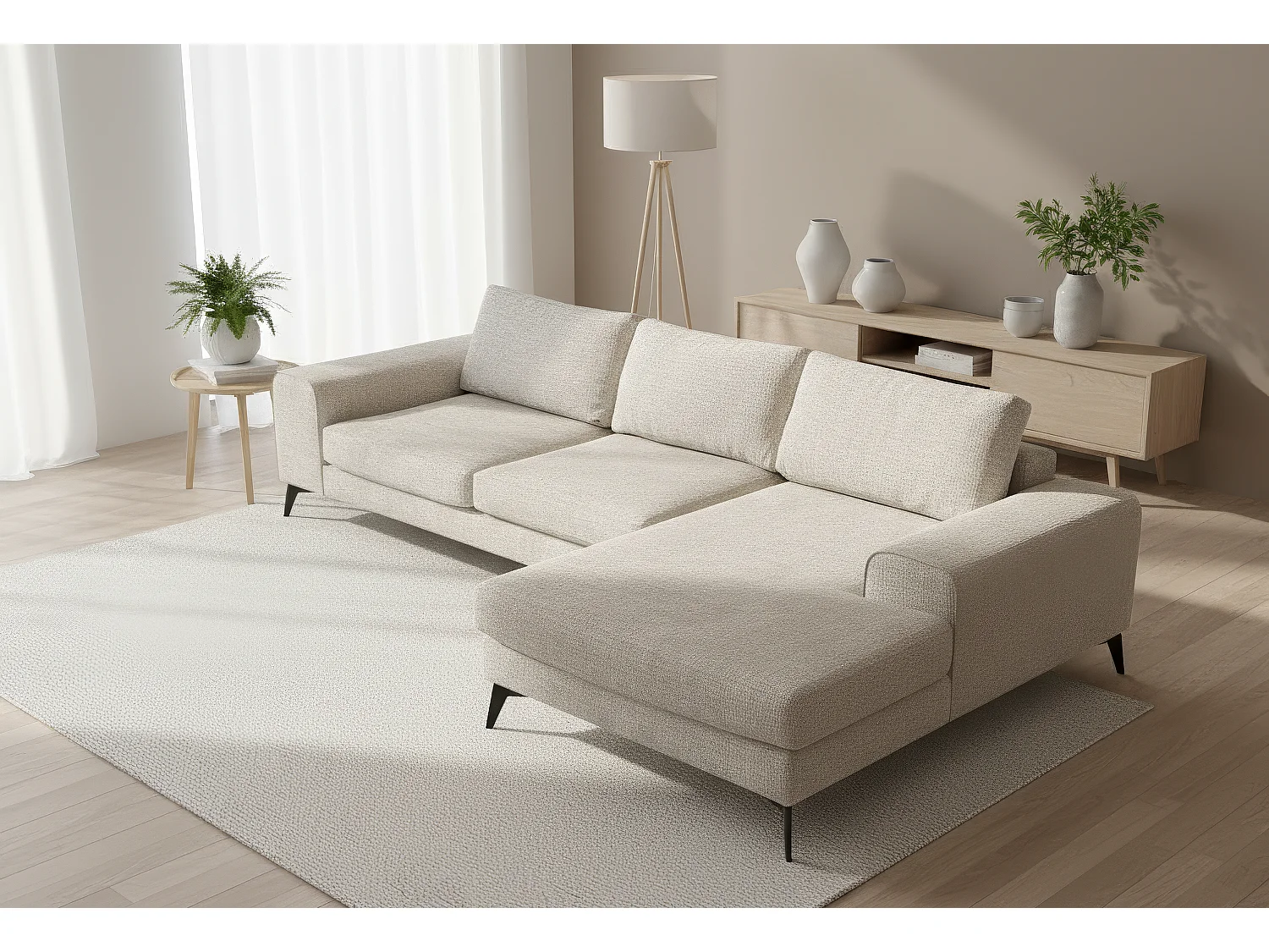 Venice Chenille Corner Sofa with Deep Seats and Extra-wide Padded Arms Right Facing Cream