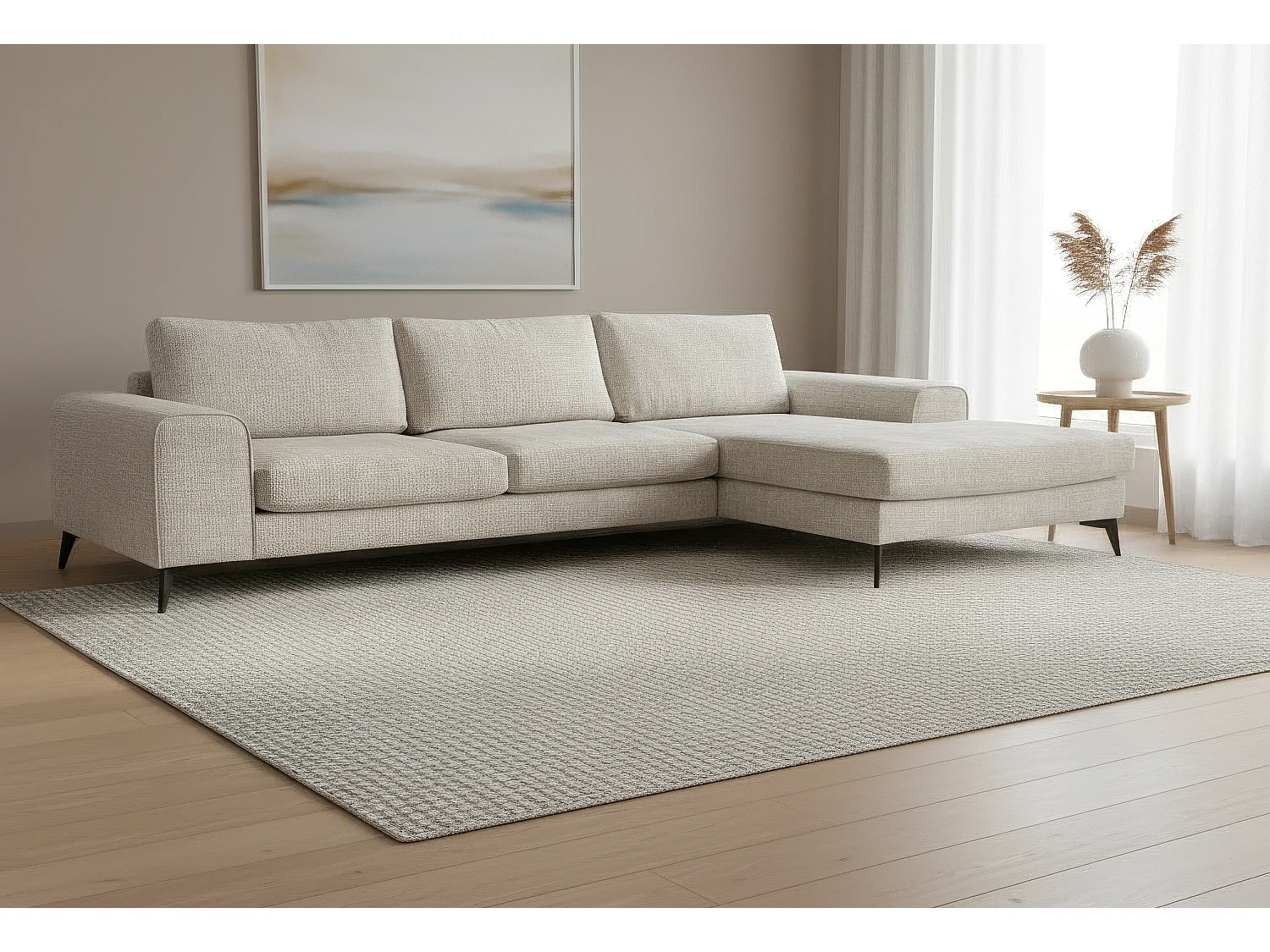 Venice Chenille Corner Sofa with Deep Seats and Extra-wide Padded Arms Right Facing Cream