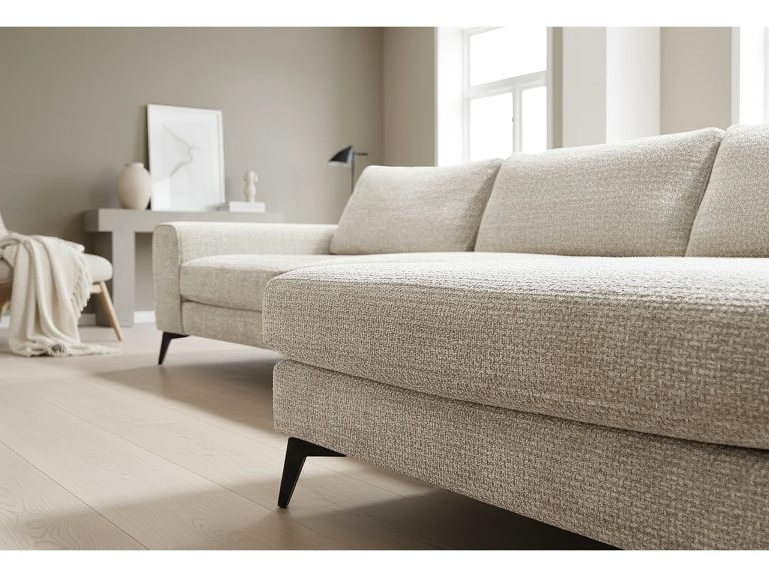 Venice Chenille Corner Sofa with Deep Seats and Extra-wide Padded Arms Right Facing Cream