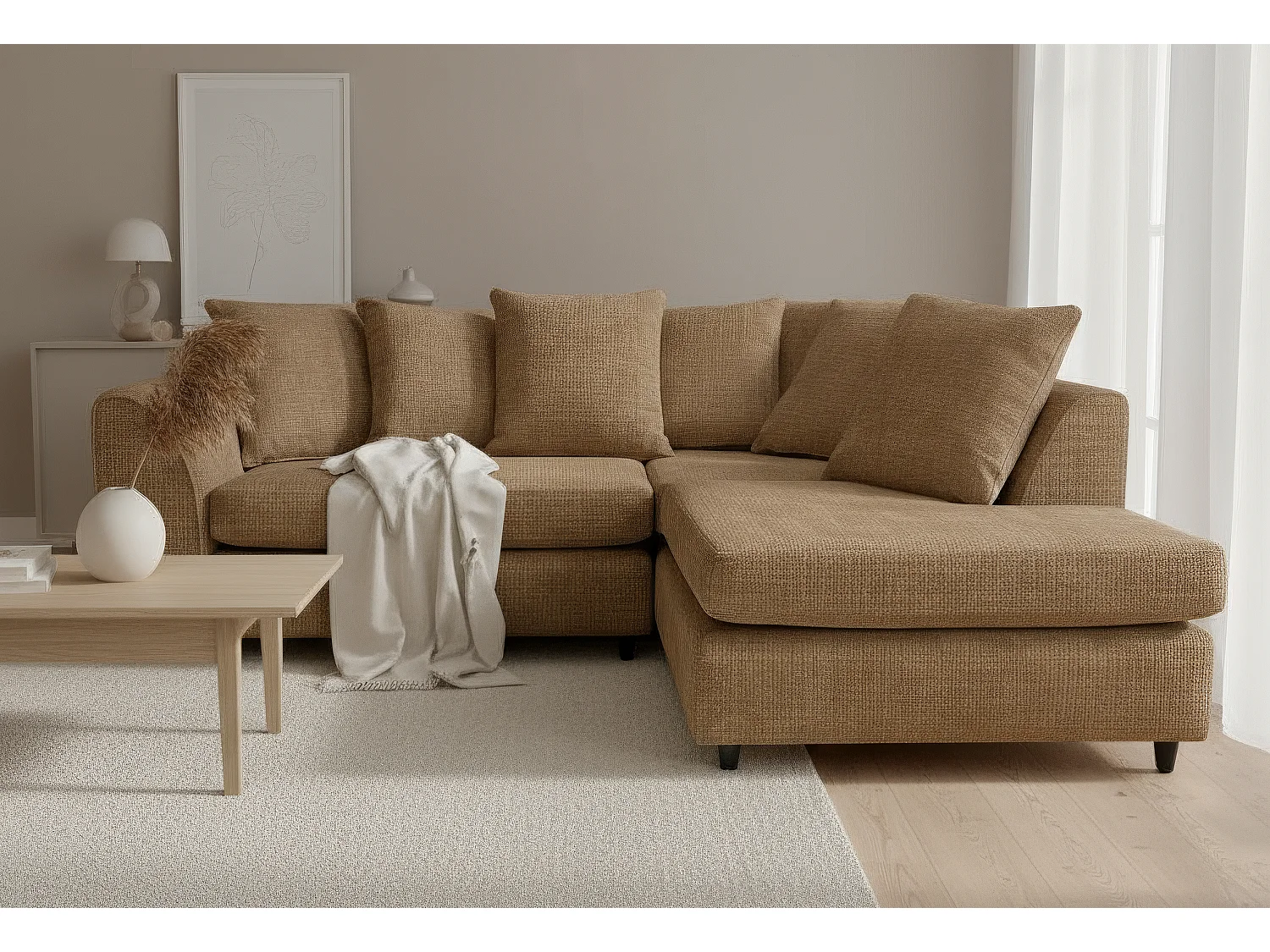 Jumbo Chenille Corner Sofa with Plush Chaise Extension Right Facing Brown