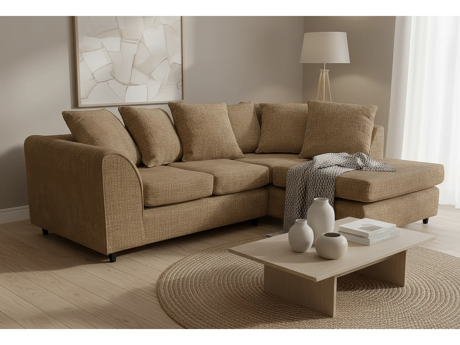 Jumbo Chenille Corner Sofa with Plush Chaise Extension Right Facing Brown