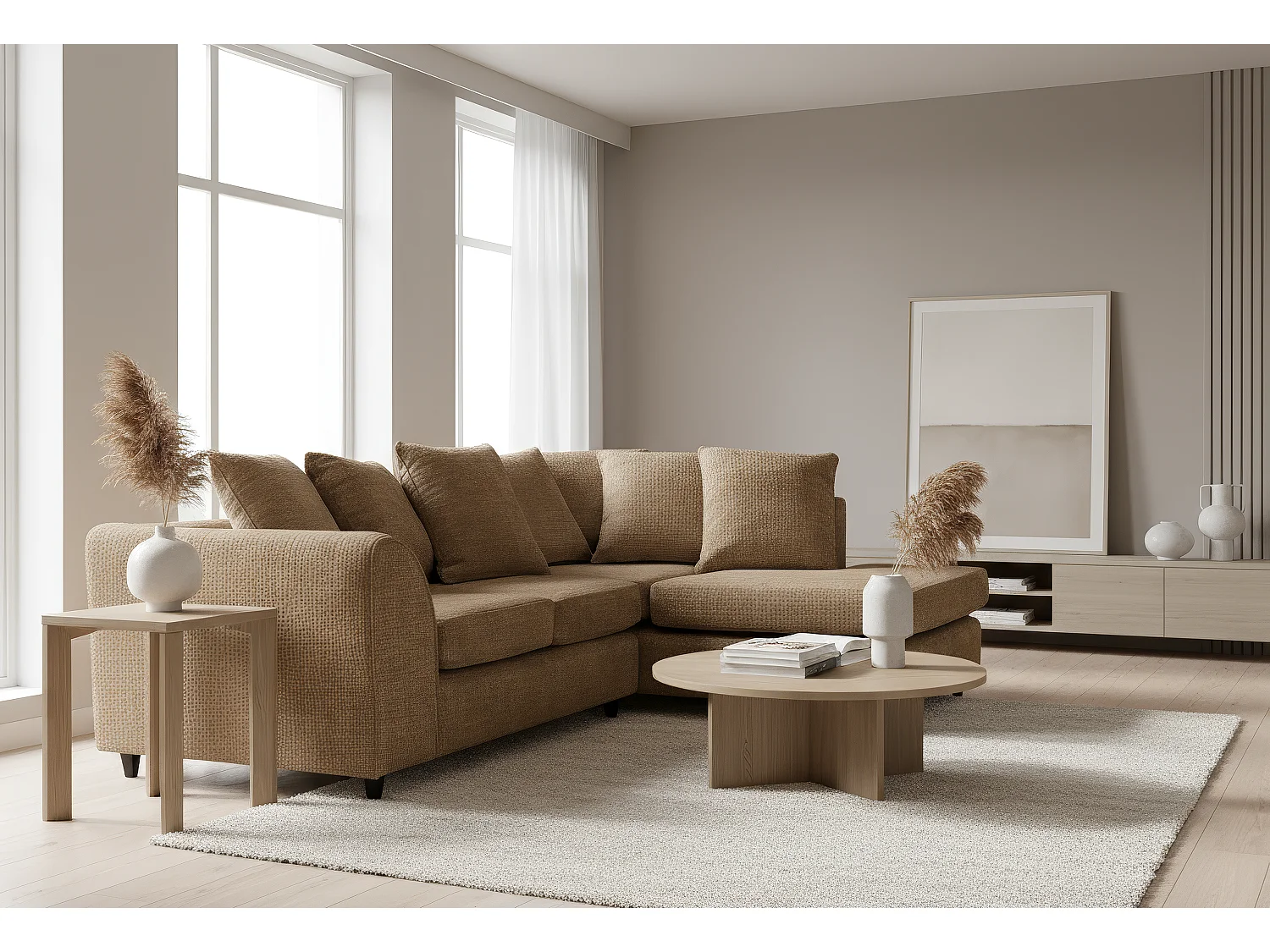 Jumbo Chenille Corner Sofa with Plush Chaise Extension Right Facing Brown