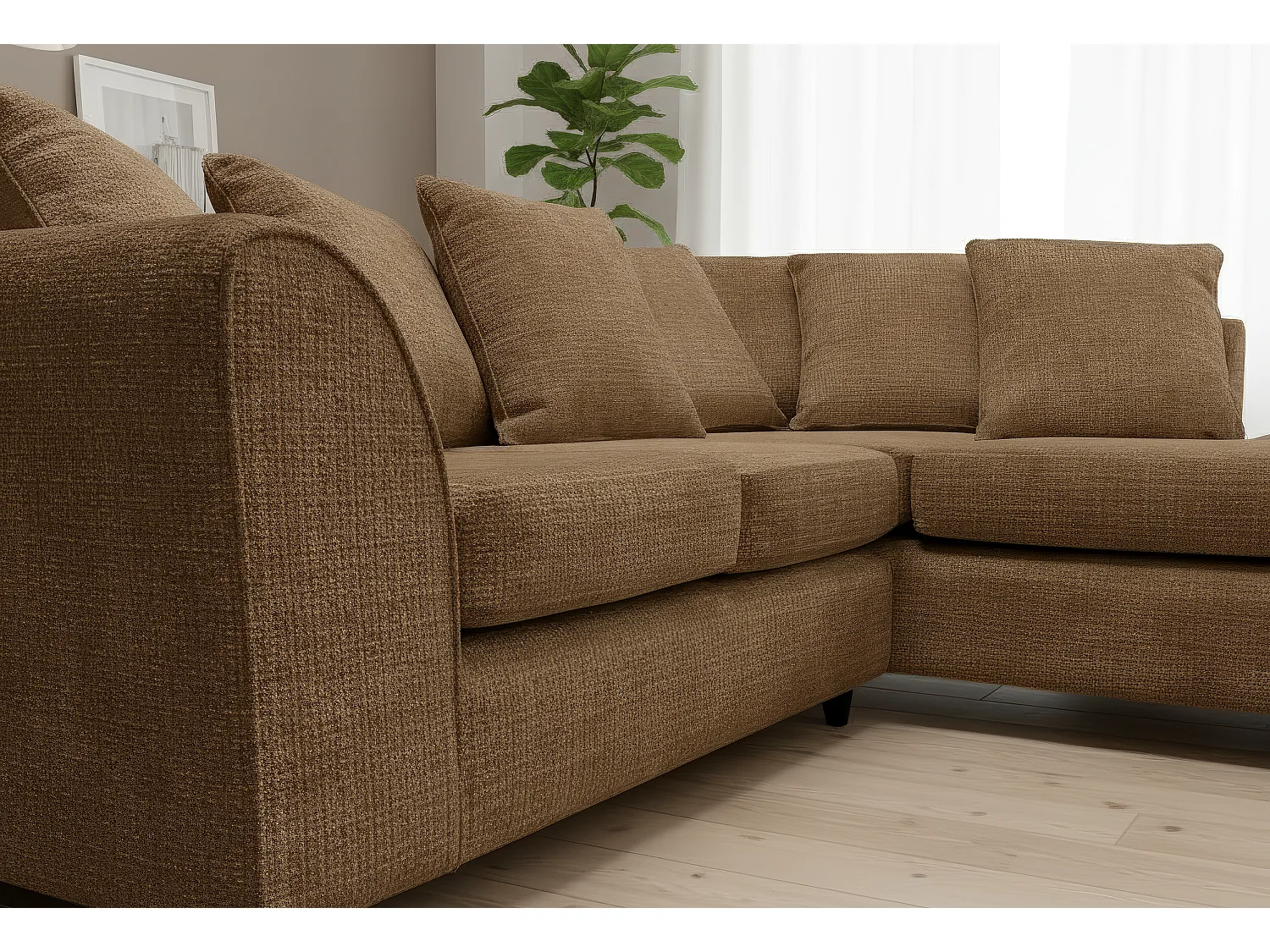 Jumbo Chenille Corner Sofa with Plush Chaise Extension Right Facing Brown